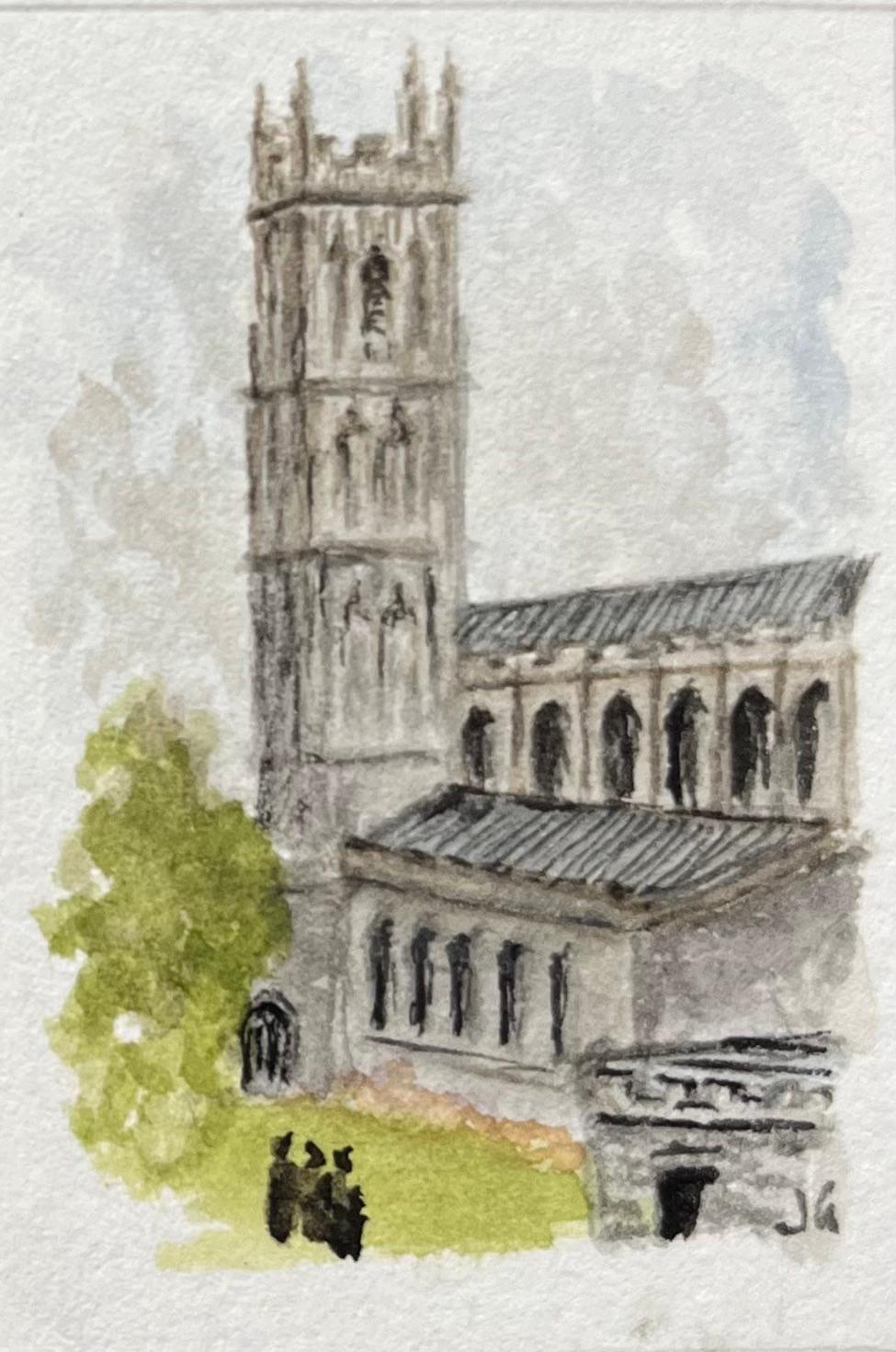Historisches Miniatur-Aquarell der St Mary Redcliffe und der St Stephens Church (Grau), Landscape Art, von Jack Grunwell