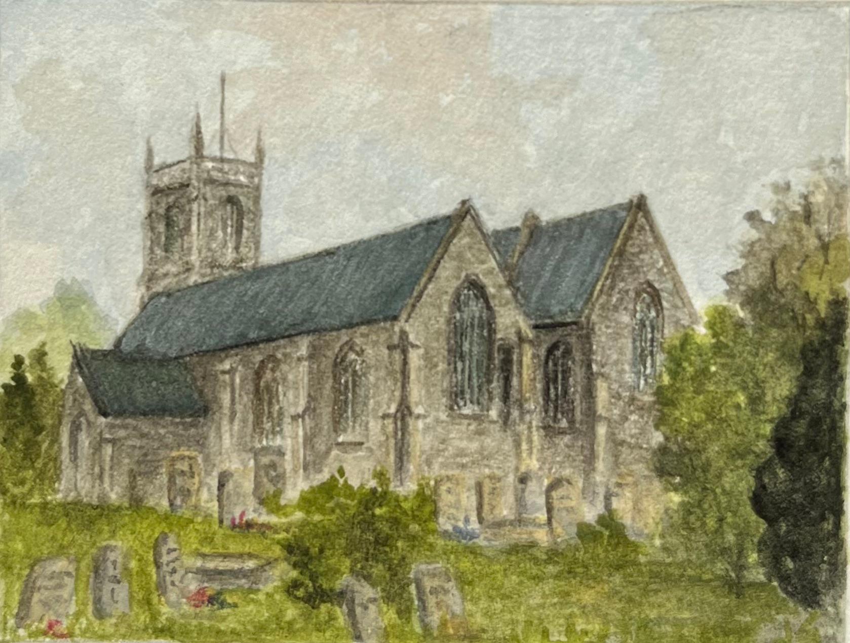 Landscape Art di Jack Grunwell - Acquerello storico in miniatura della chiesa di St Mary the Virgin a Mangotsfield