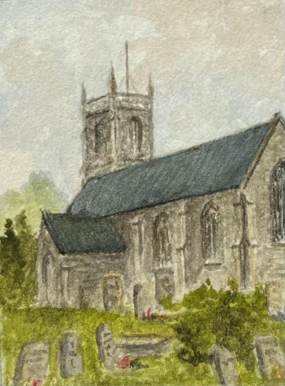 Acquerello storico in miniatura della chiesa di St Mary the Virgin a Mangotsfield - Art Scuola inglese di Jack Grunwell