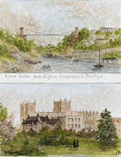 Acuarela histórica en miniatura del puente colgante de Clifton y la catedral de Bristol