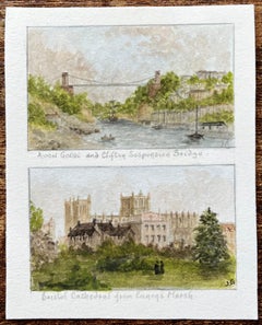Acuarela histórica en miniatura del puente colgante de Clifton y la catedral de Bristol
