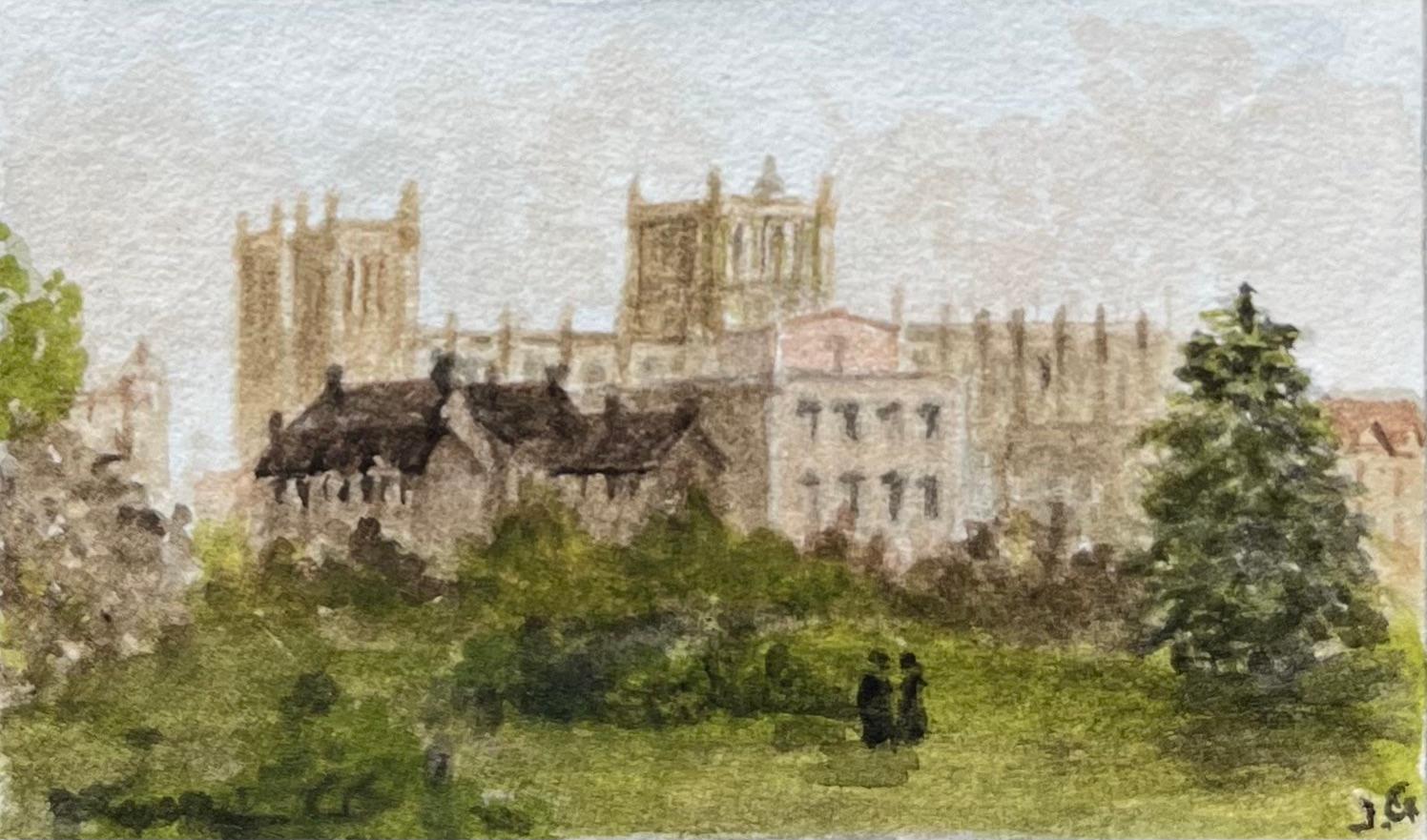 Pont suspendu de Clifton et cathédrale de Bristol Aquarelle miniature historique - Beige Landscape Art par Jack Grunwell