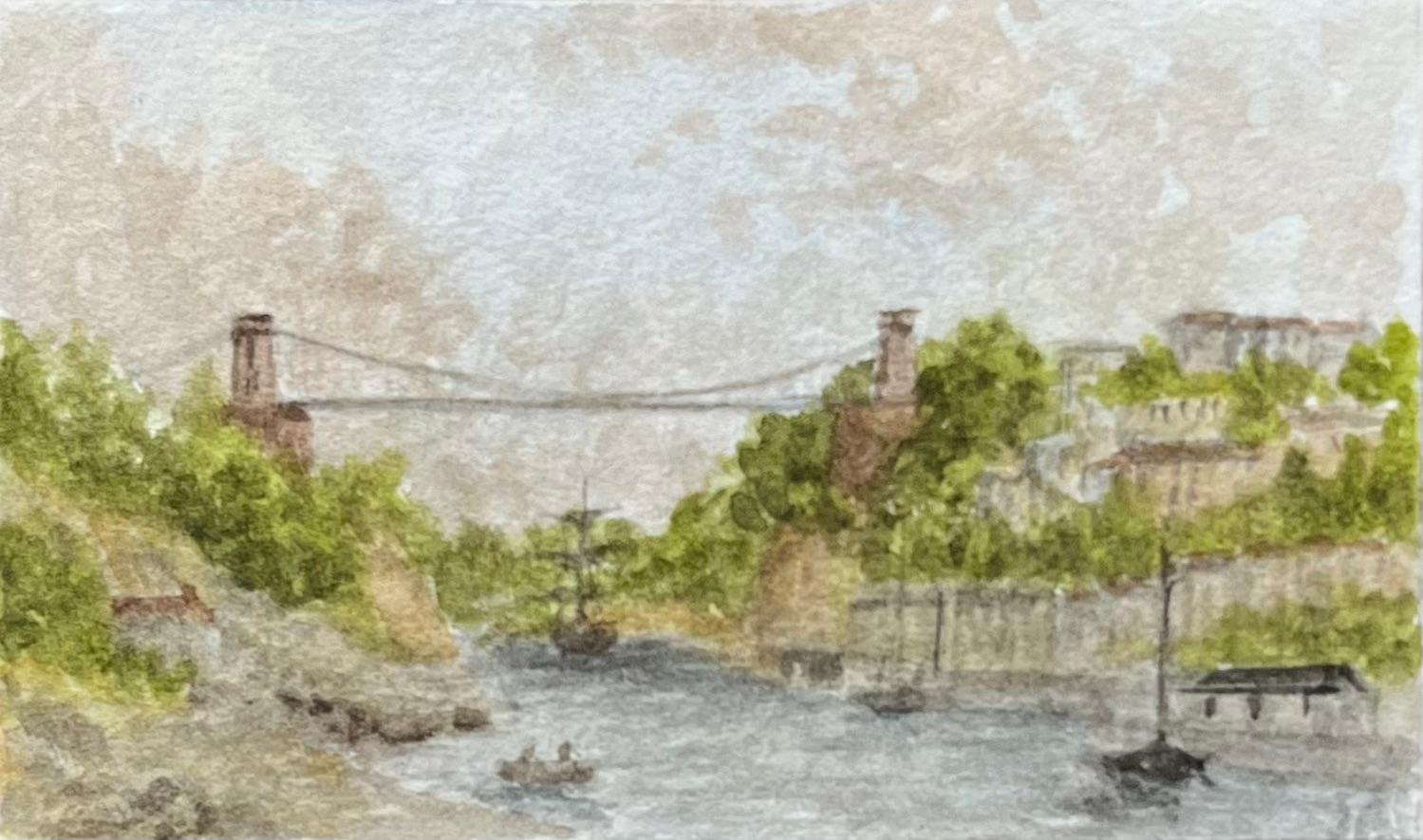Pont suspendu de Clifton et cathédrale de Bristol Aquarelle miniature historique - École anglaise Art par Jack Grunwell