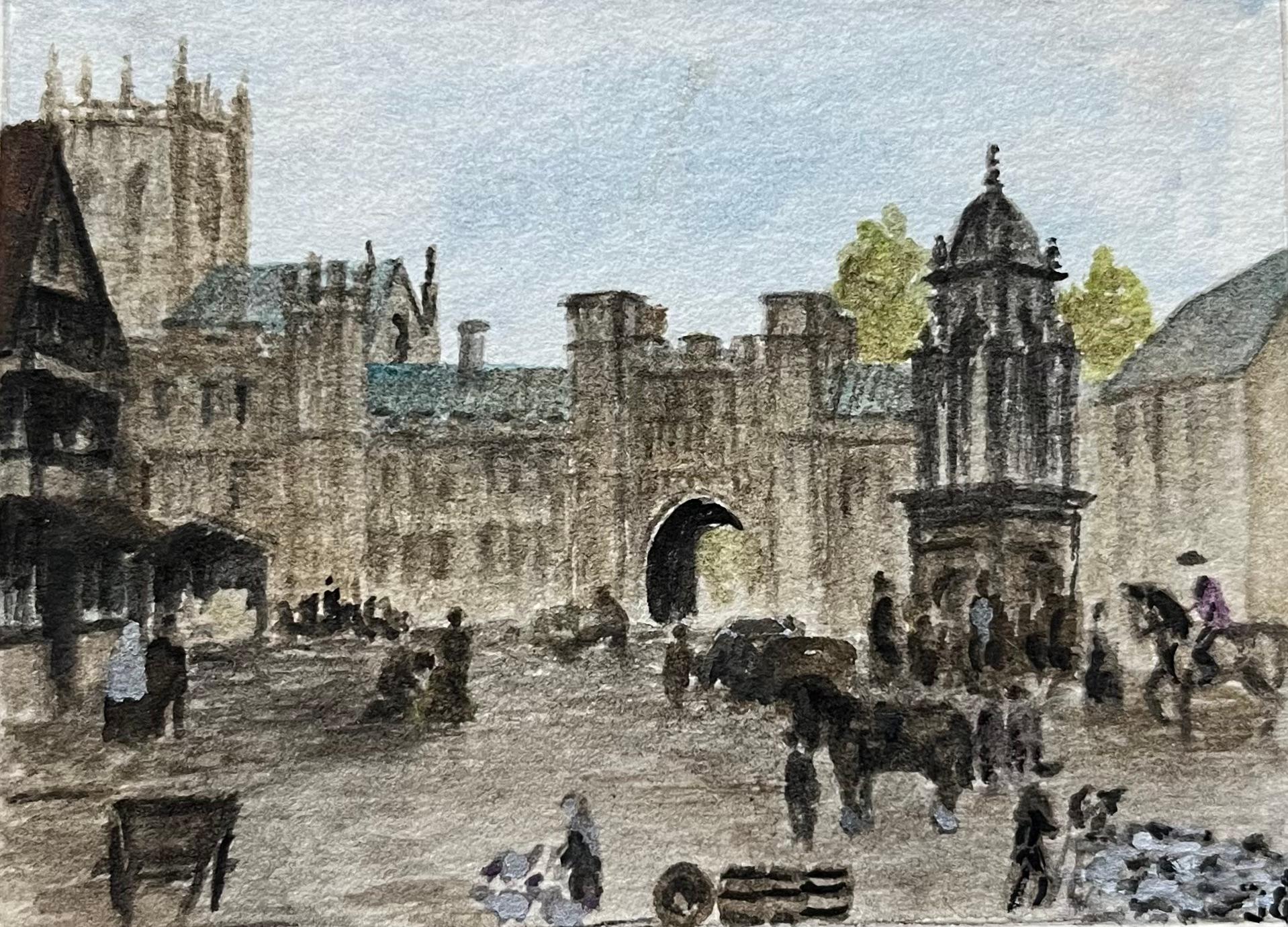 Jack Grunwell Landscape Painting – Historisches Miniatur-Aquarell des belebten Wells-Marktplatzes