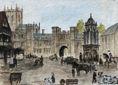 Historic Miniature Watercolor of Busy Wells Market Square