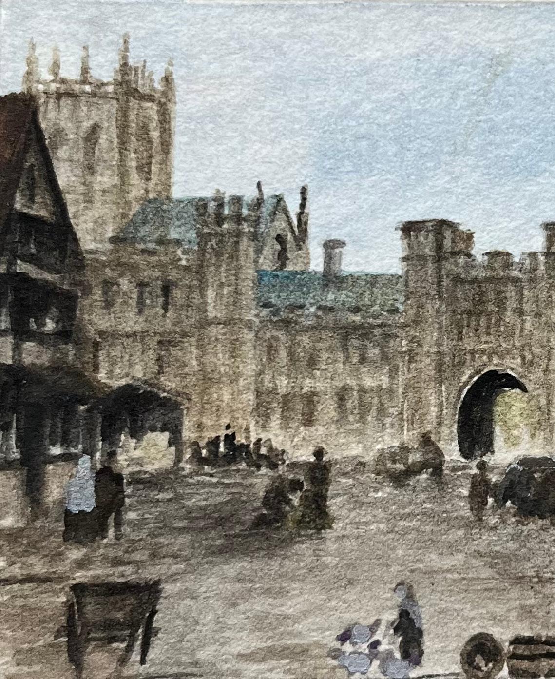 Historisches Miniatur-Aquarell des belebten Wells-Marktplatzes (Grau), Landscape Painting, von Jack Grunwell