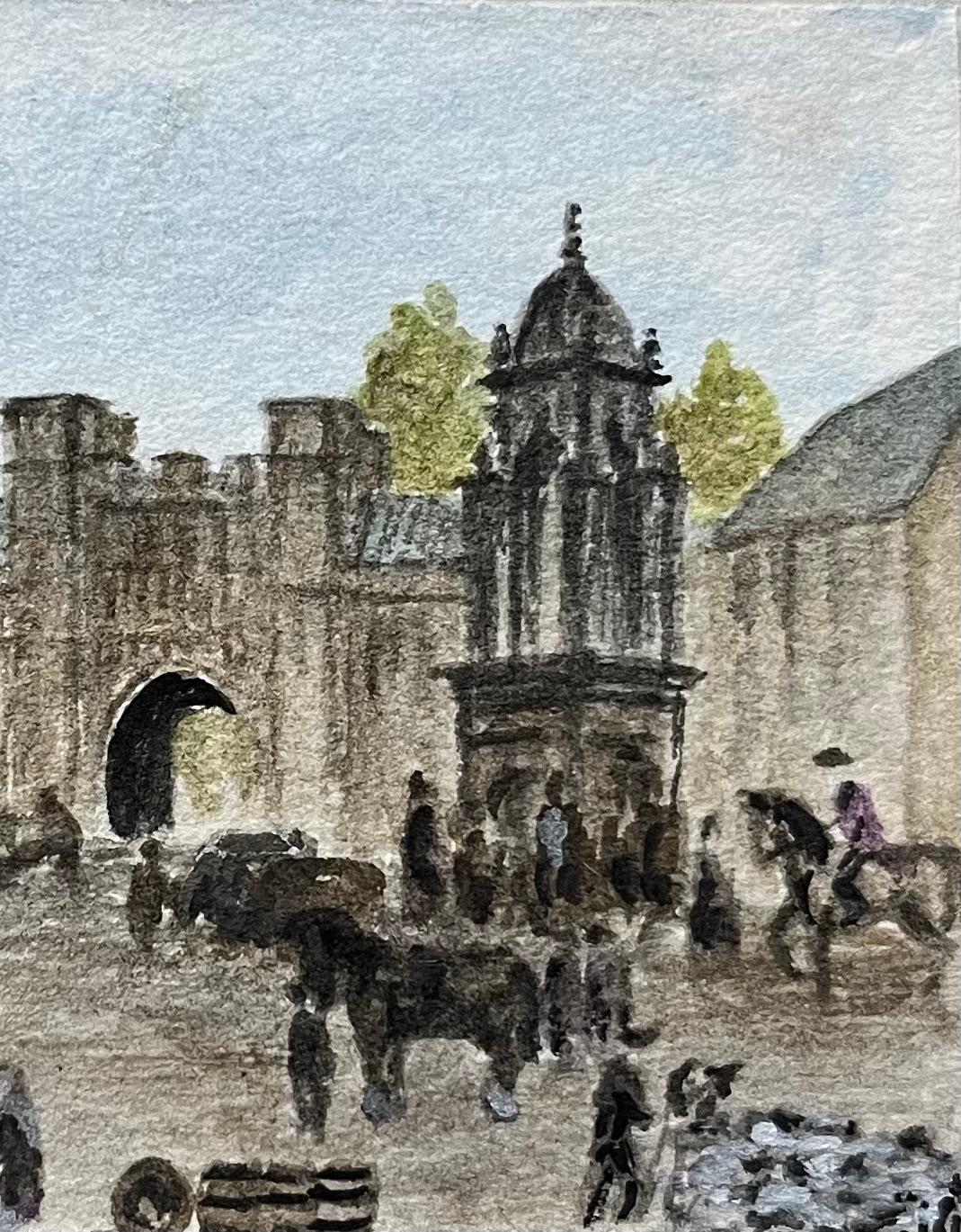 Historisches Miniatur-Aquarell des belebten Wells-Marktplatzes (Englische Schule), Painting, von Jack Grunwell