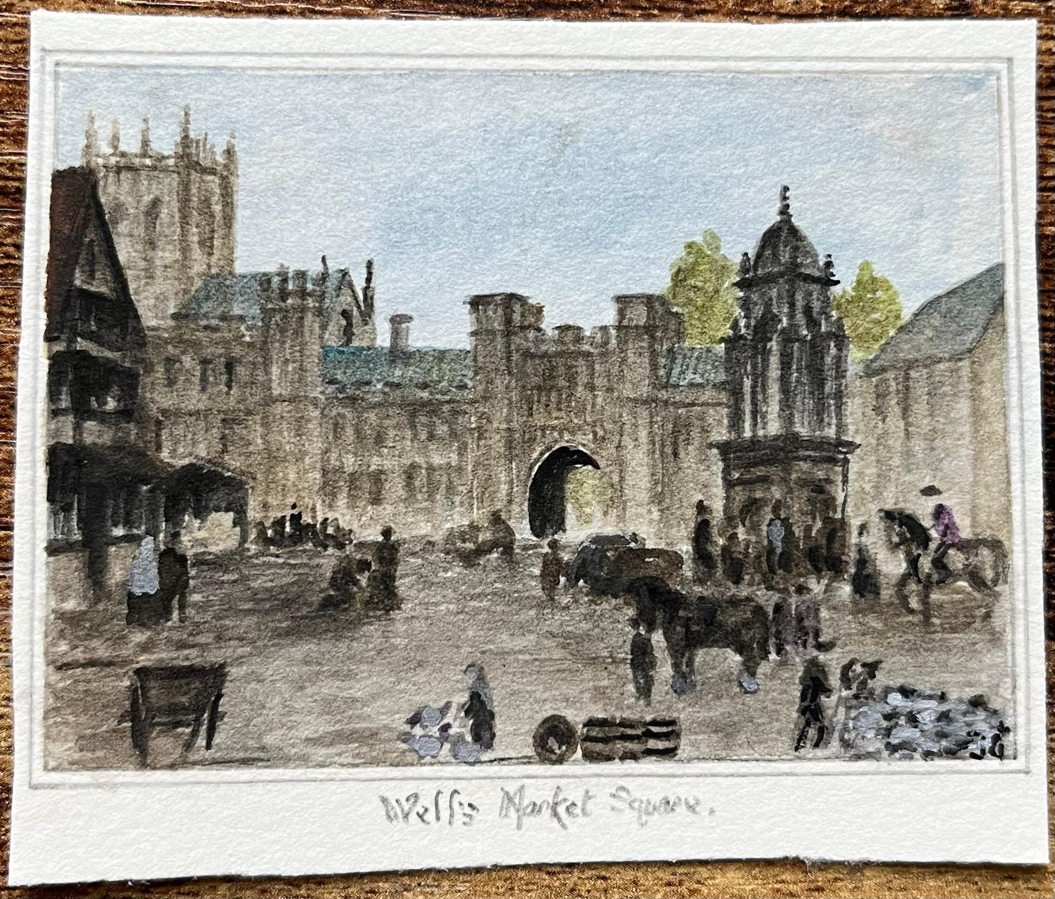 Historisches Miniatur-Aquarell des belebten Wells-Marktplatzes – Painting von Jack Grunwell