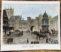 Historic Miniature Watercolor of Busy Wells Market Square