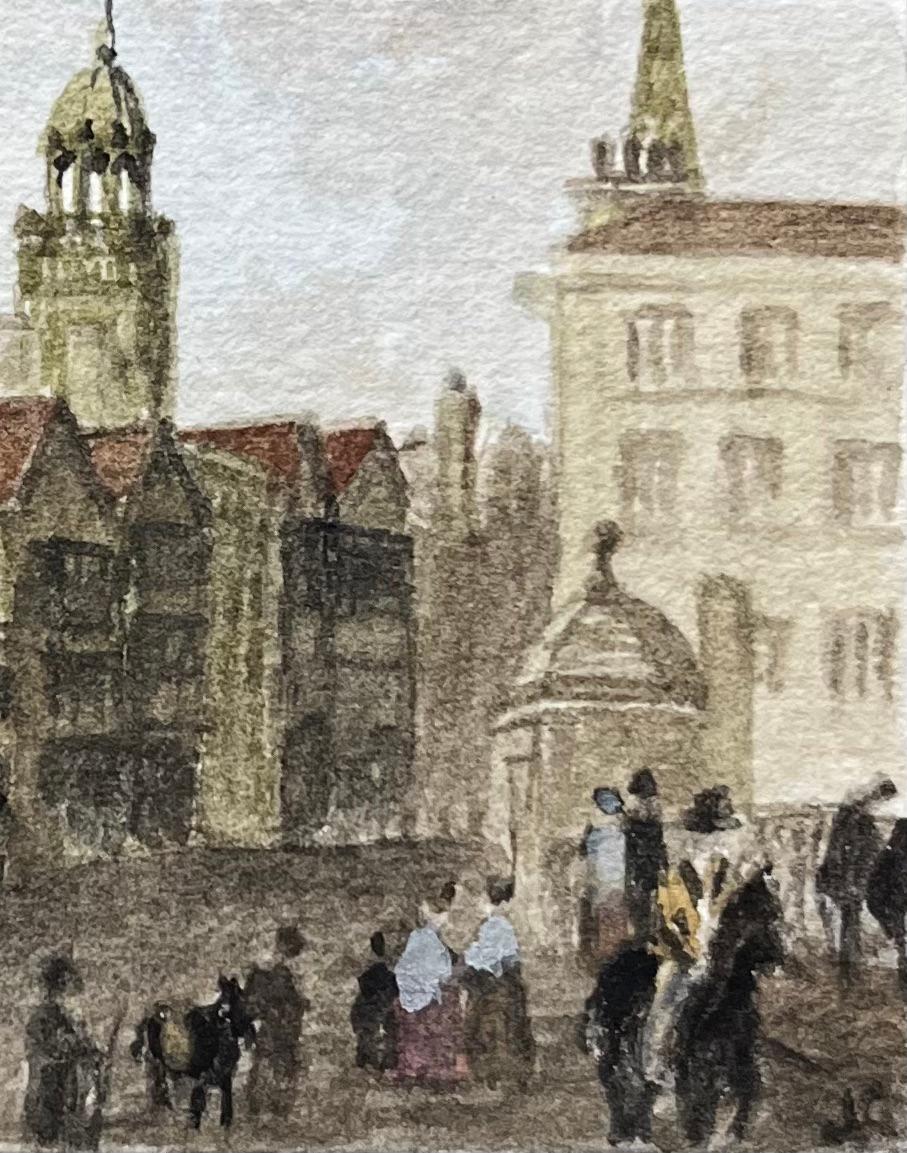 Acquerello storico in miniatura del ponte di Bristol con lo sguardo rivolto verso High Street - Painting Scuola inglese di Jack Grunwell