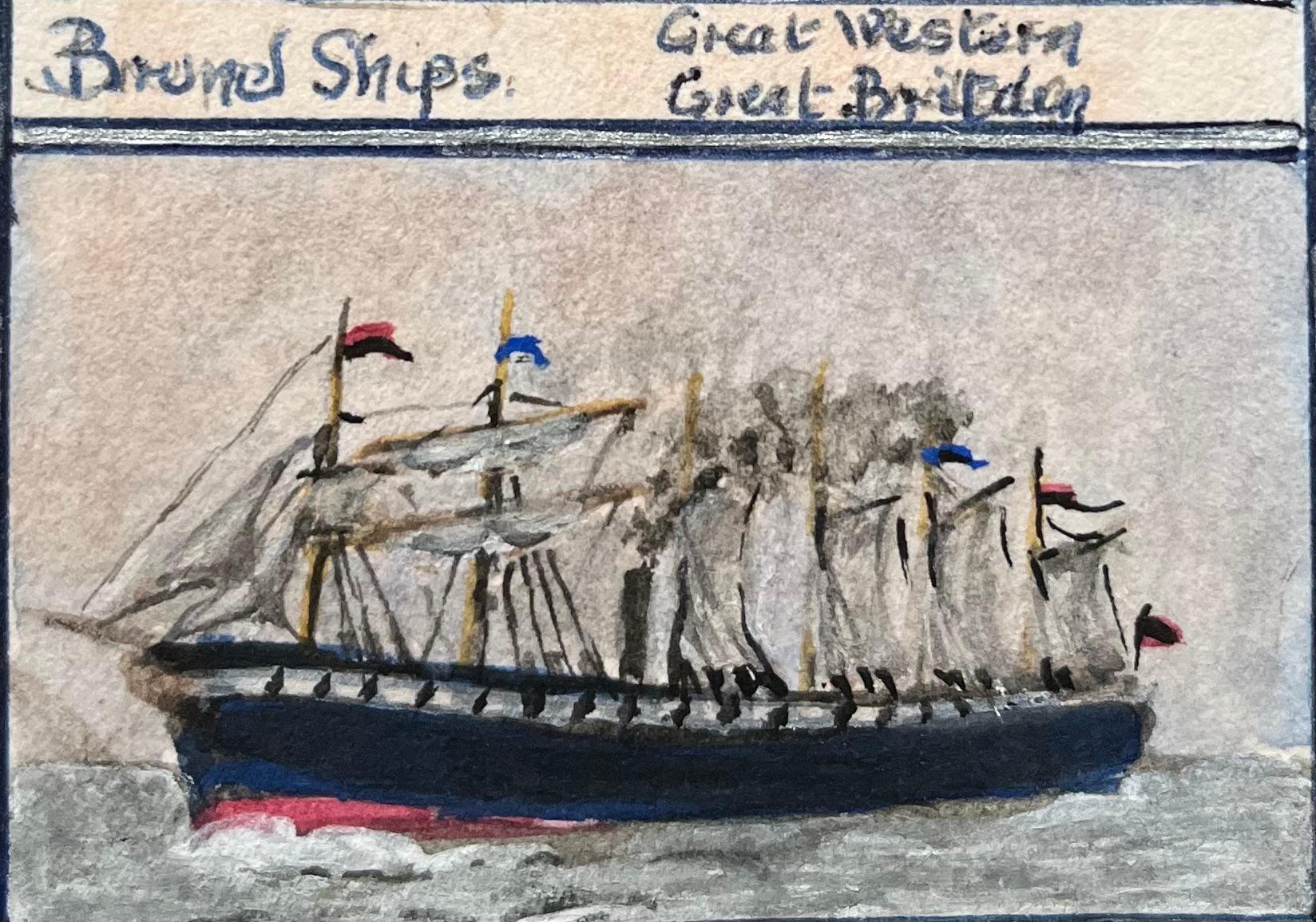 Historisches Miniatur-Aquarell von Brunels Schiffen, Great Western und Great Britain (Grau), Landscape Painting, von Jack Grunwell