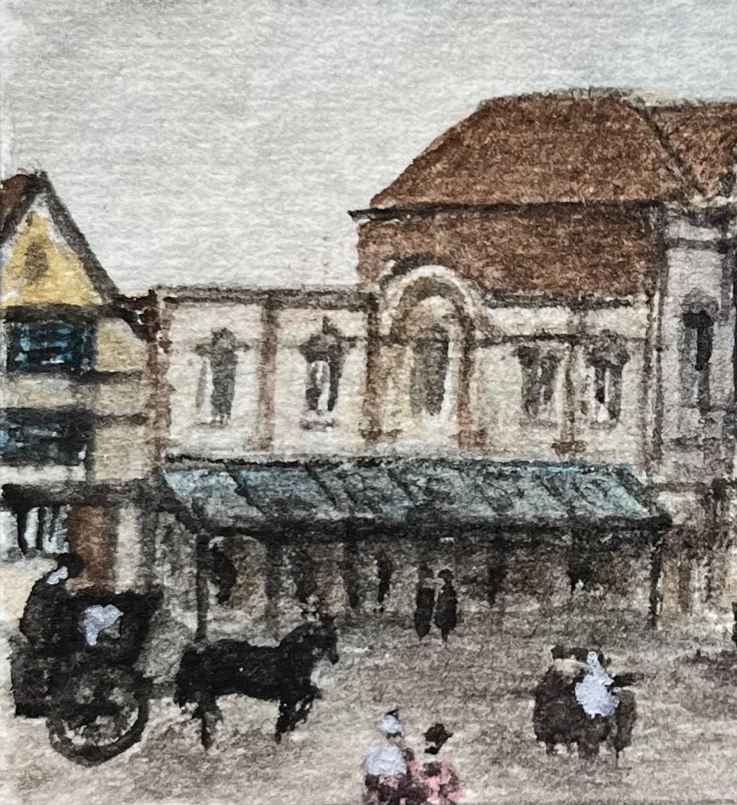 Storico acquerello in miniatura del Theatre Royal e della Coopers' Hall in King Street - Landscape Painting Grigio di Jack Grunwell