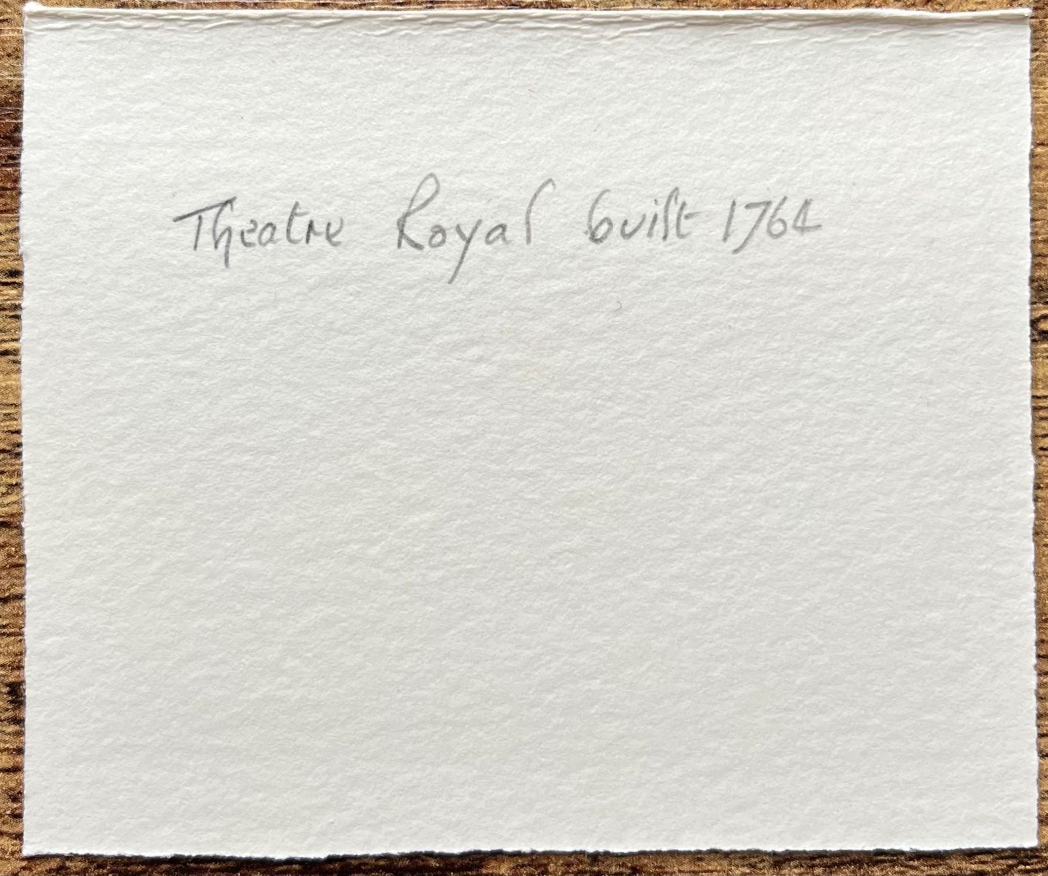 Titolo: Acquerello storico in miniatura del Theatre Royal e della Coopers' Hall in King Street
di Jack Grunwell, artista britannico del XX secolo 
Medium: Acquerello su cartoncino sottile, senza cornice
Misure: 2,75 pollici (altezza) x 3,25 pollici
