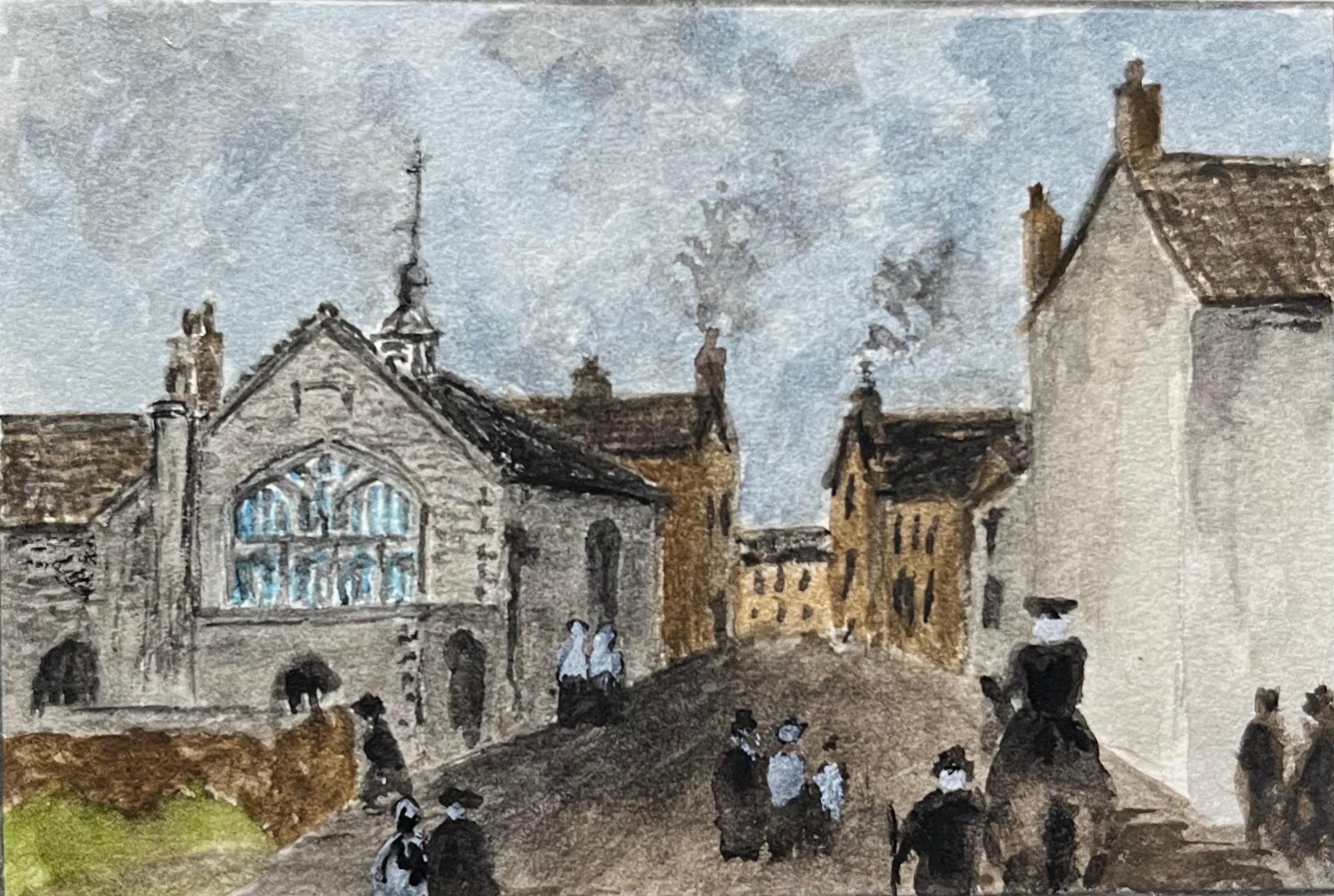 Jack Grunwell Landscape Painting - Historic Miniature Watercolor of Chapel of the Three Kings in Bristol