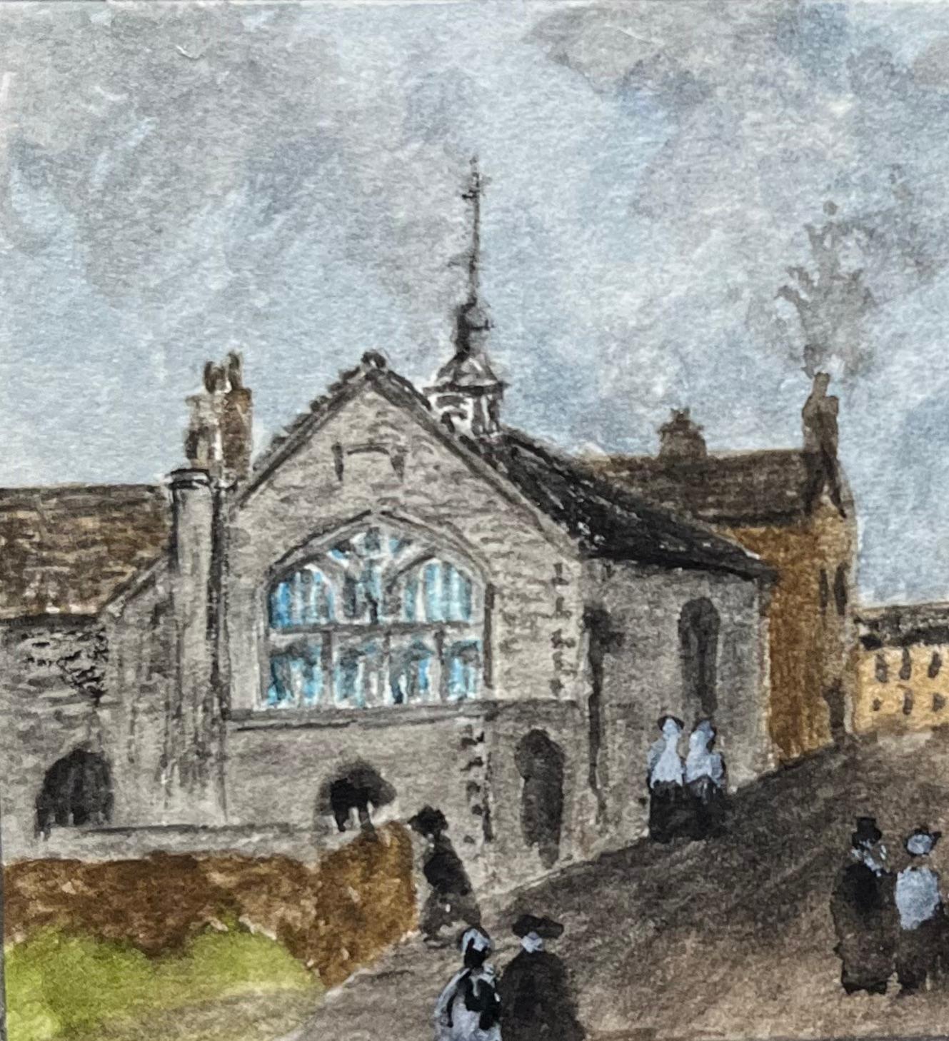 Historic Miniature Watercolor of Chapel of the Three Kings in Bristol - Gray Landscape Painting by Jack Grunwell