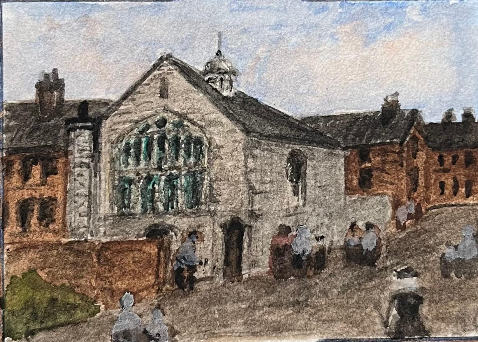 Jack Grunwell Landscape Painting – Miniatur-Aquarell der Kapelle der Heiligen Drei Könige, Weihnachtsstufen in Bristol