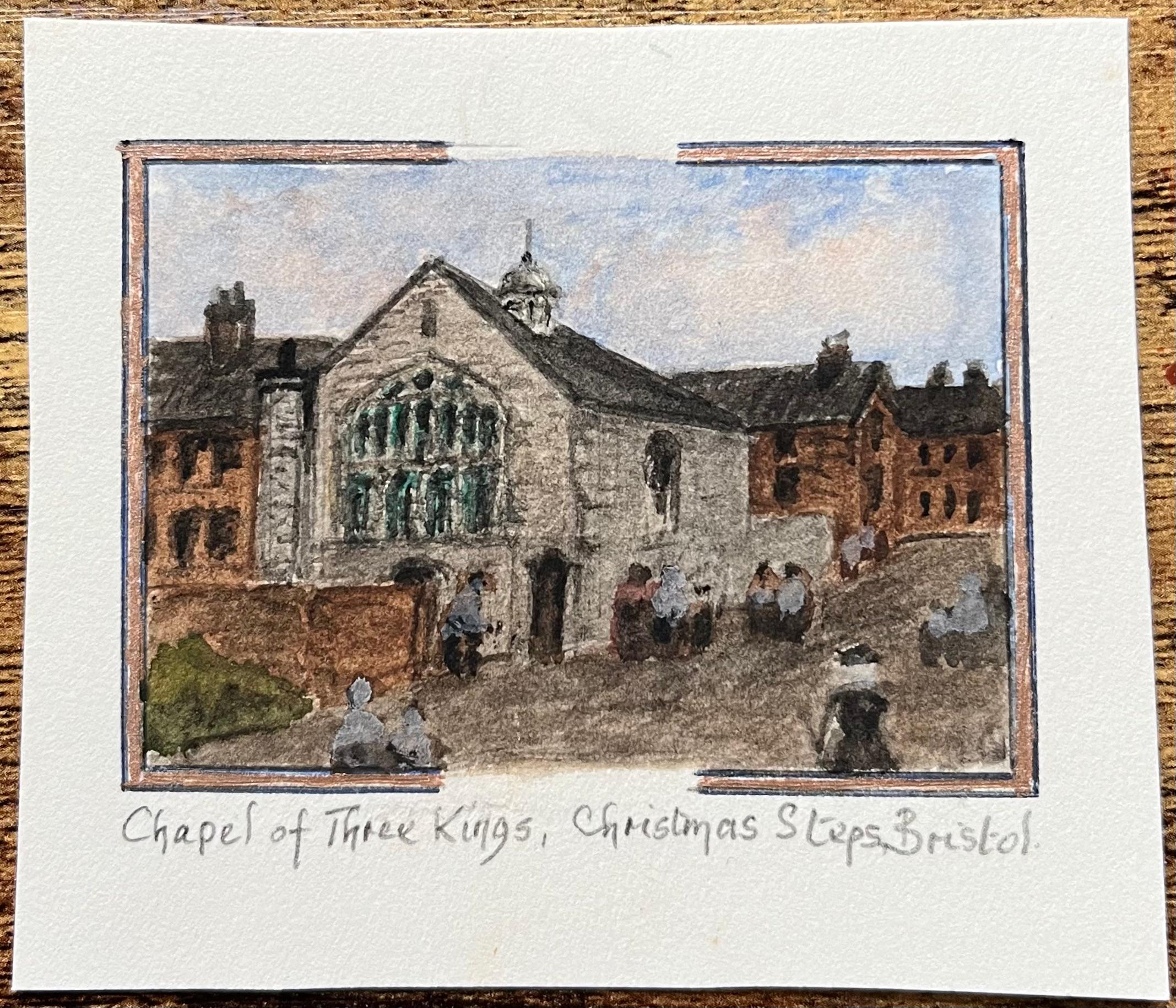 Miniatur-Aquarell der Kapelle der Heiligen Drei Könige, Weihnachtsstufen in Bristol – Painting von Jack Grunwell