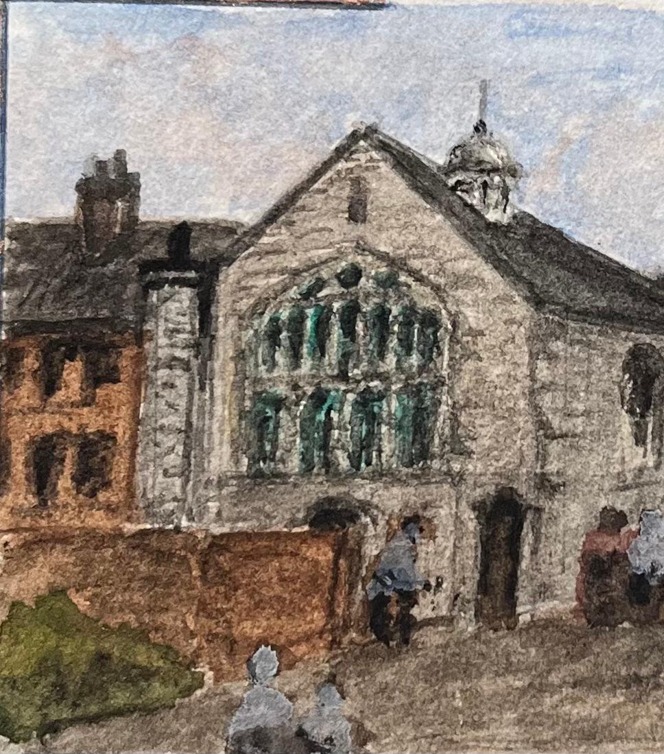 Miniatur-Aquarell der Kapelle der Heiligen Drei Könige, Weihnachtsstufen in Bristol (Grau), Landscape Painting, von Jack Grunwell