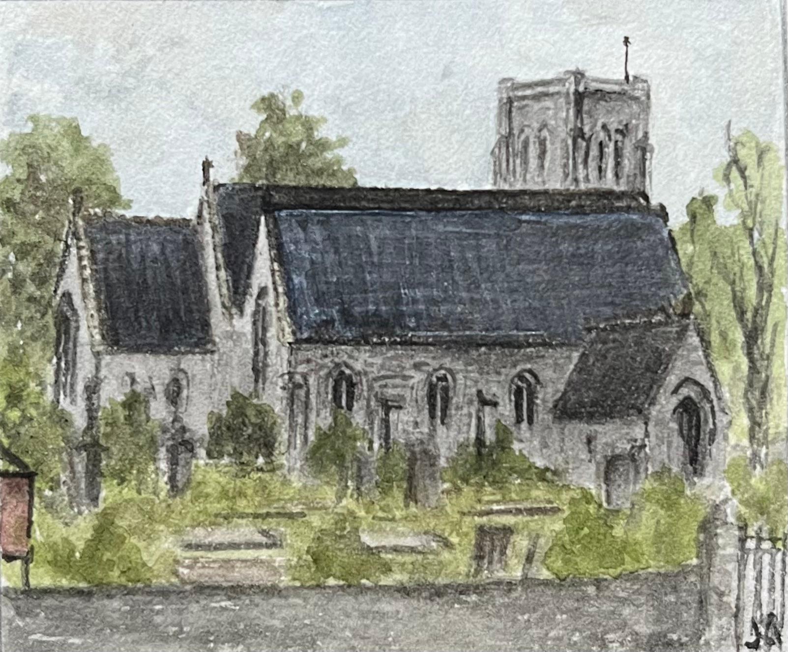 Jack Grunwell Landscape Painting - Miniature Watercolor of St. Michael the Archangel at Two Mile Hill