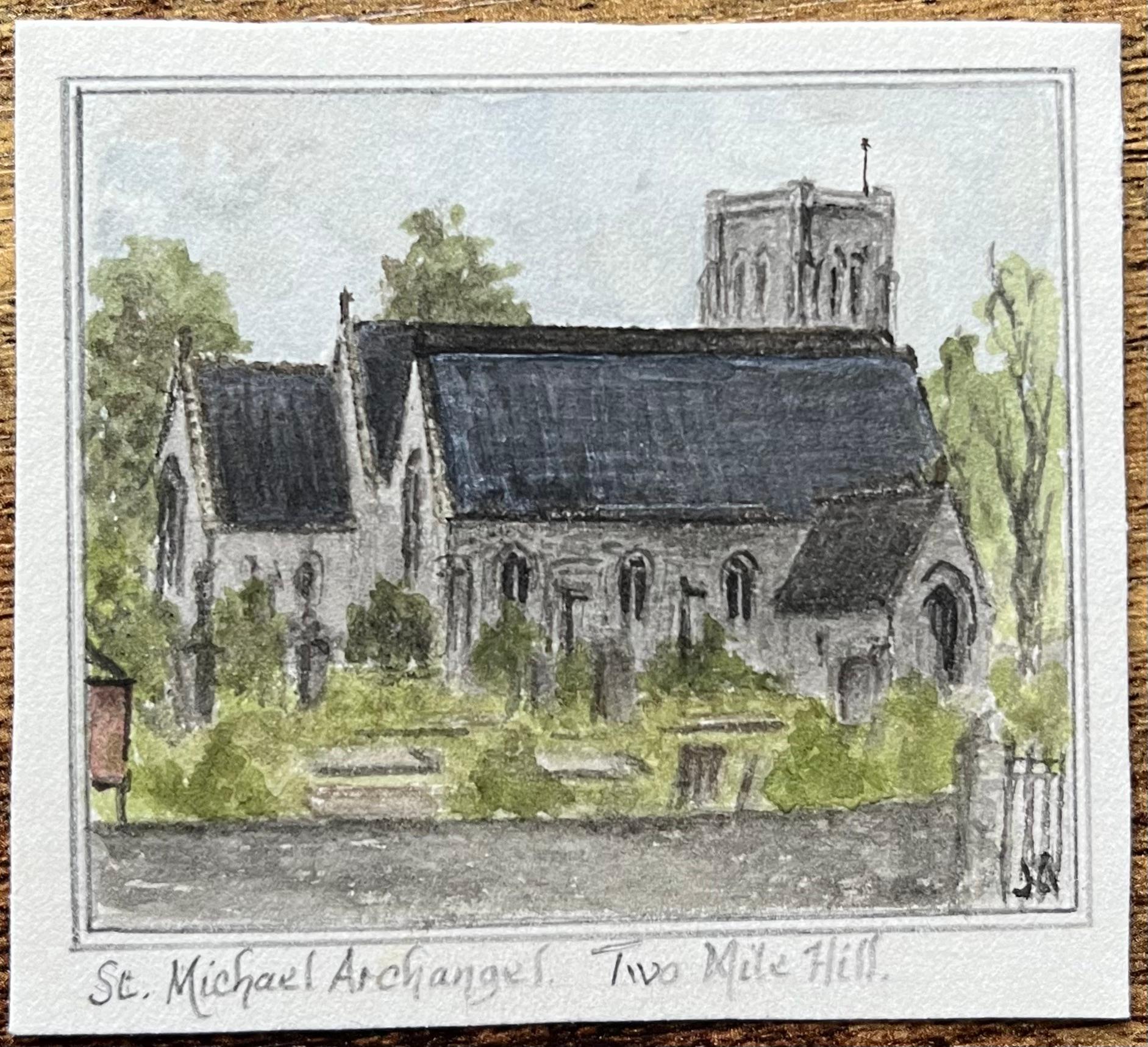 Miniature Watercolor of St. Michael the Archangel at Two Mile Hill - Painting by Jack Grunwell