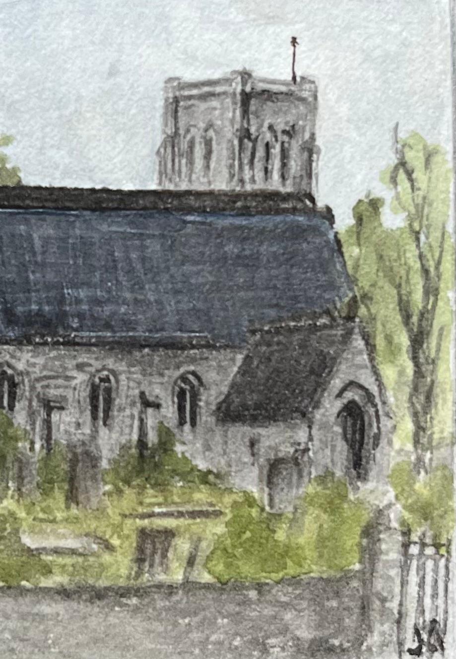 Miniature Watercolor of St. Michael the Archangel at Two Mile Hill - English School Painting by Jack Grunwell