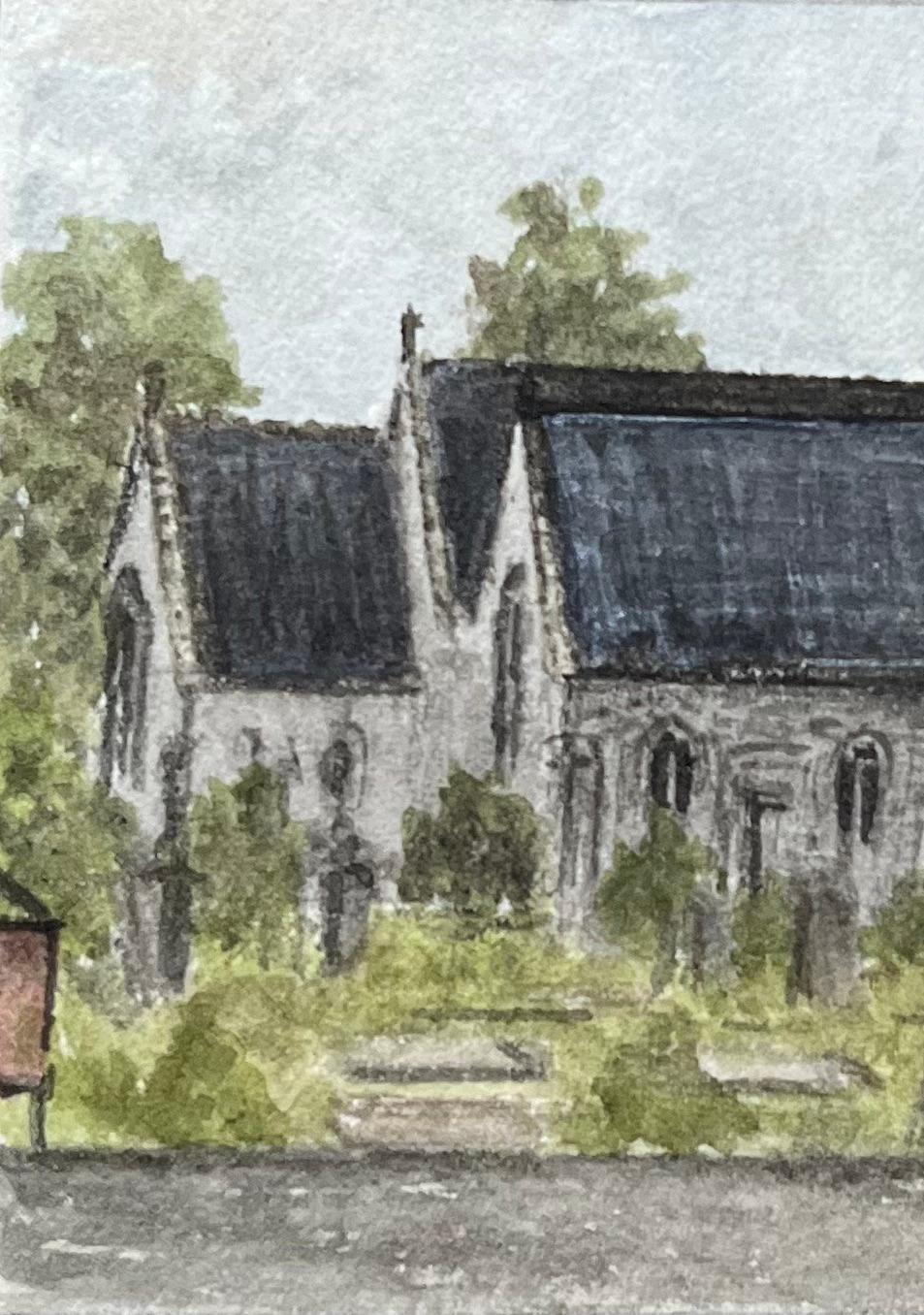 Miniature Watercolor of St. Michael the Archangel at Two Mile Hill - Gray Landscape Painting by Jack Grunwell