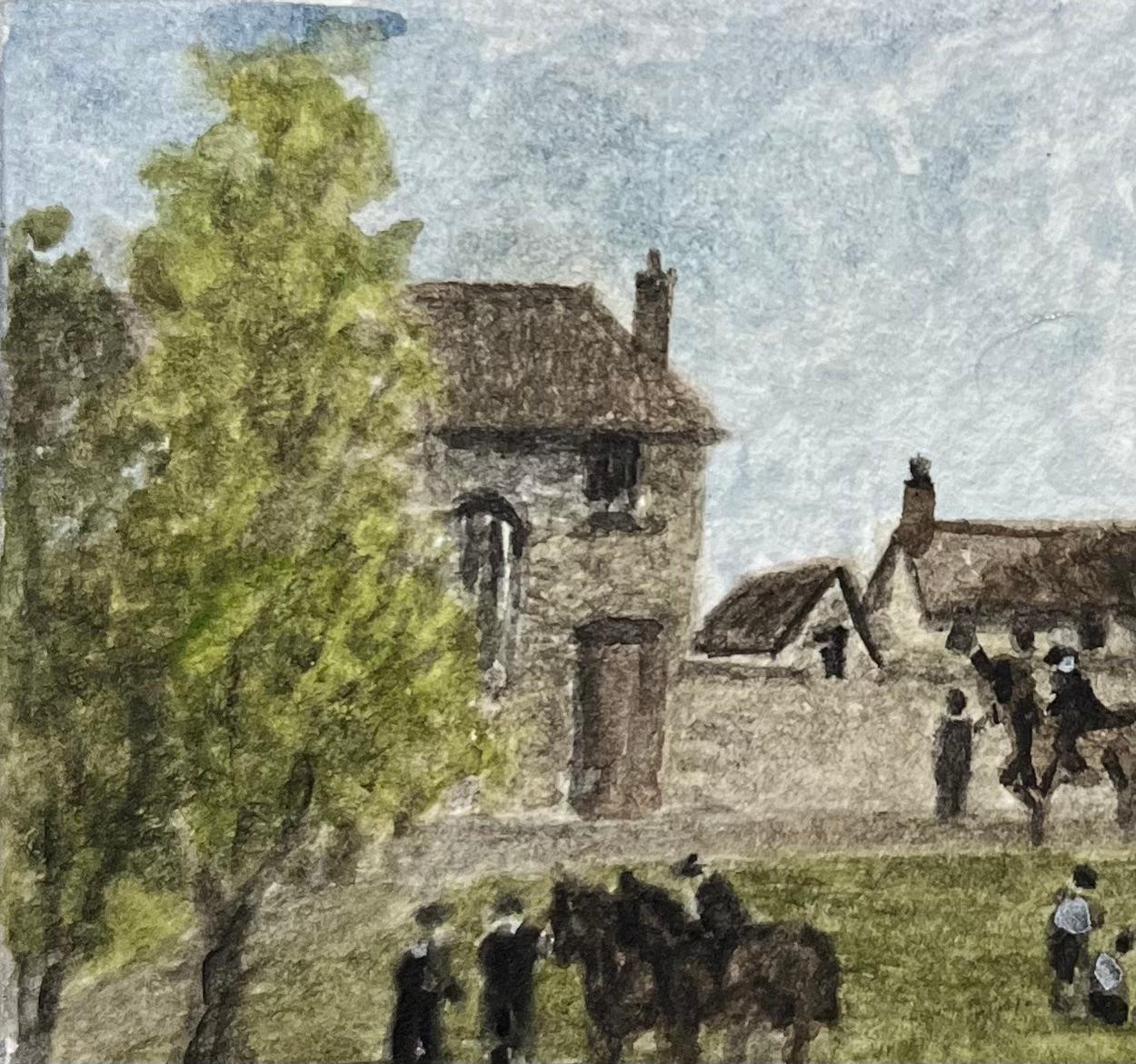 Historic Miniature Watercolor of John Wesley’s Kingswood School - Gray Landscape Art by Jack Grunwell