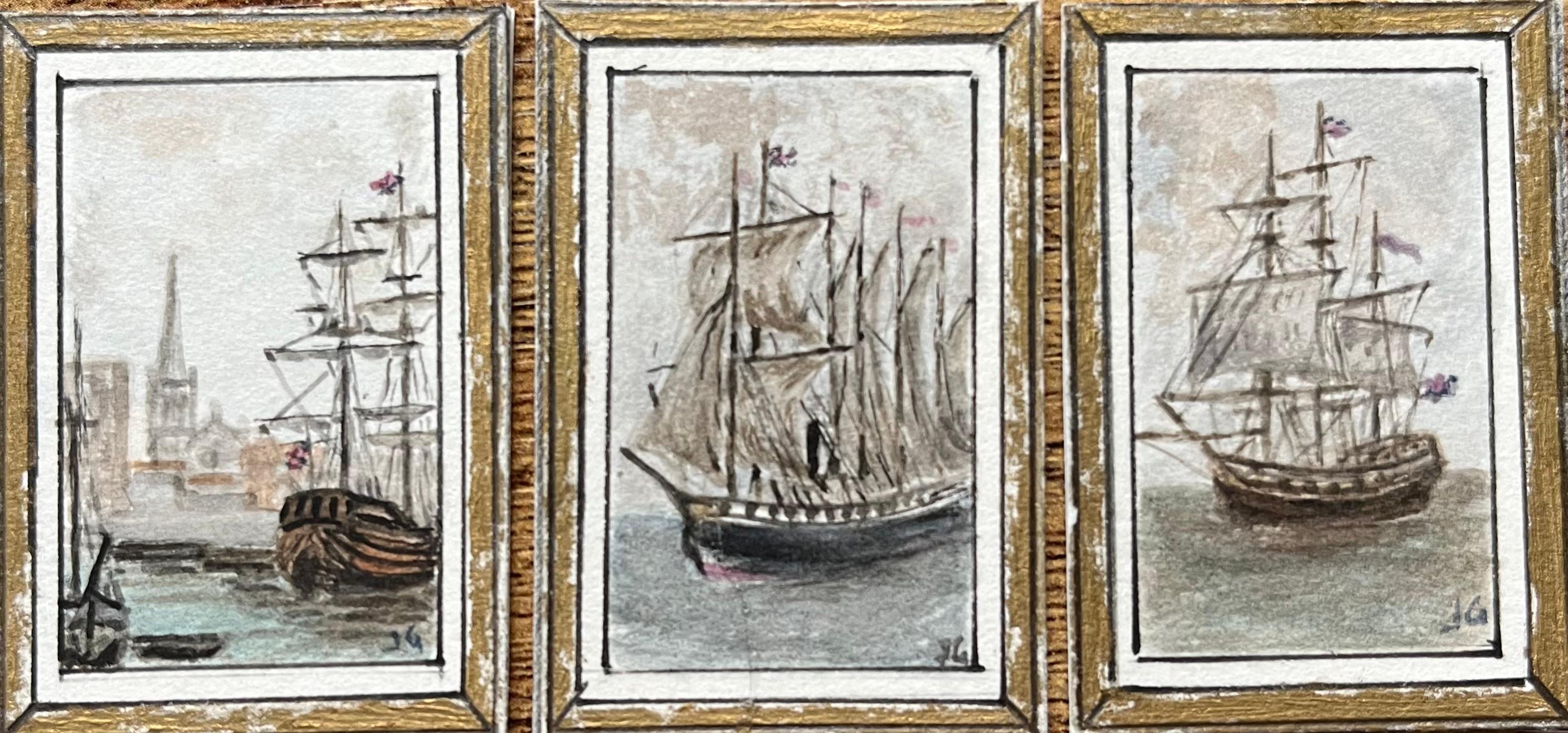 Storico trittico in miniatura acquerellato di navi a vela di Bristol