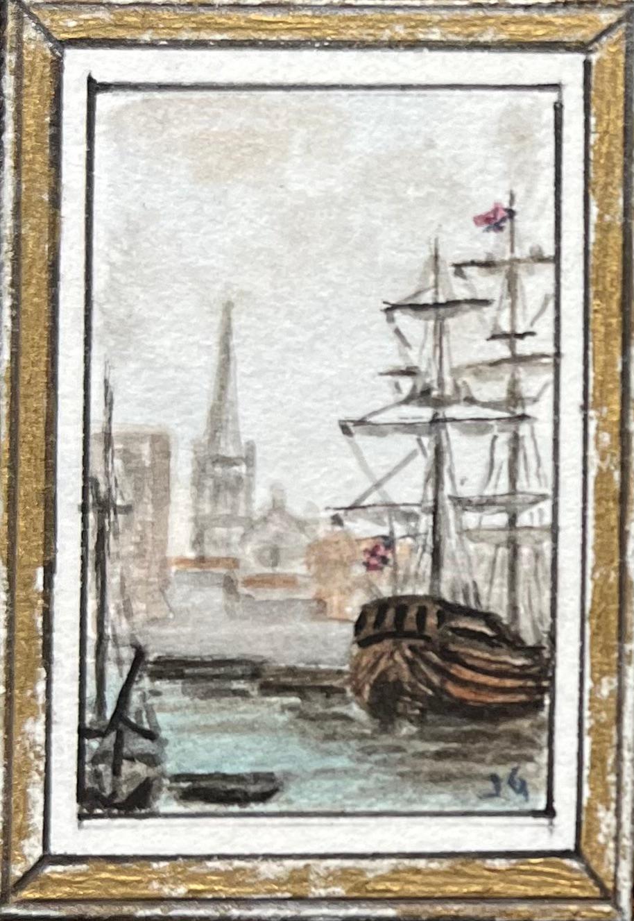 Titolo: Trittico storico in miniatura ad acquerello di navi a vela di Bristol
di Jack Grunwell, artista britannico del XX secolo 
Medium: Acquerello su cartoncino sottile, senza cornice
Misure: ogni miniatura misura 2 pollici (altezza) x 1,5 pollici