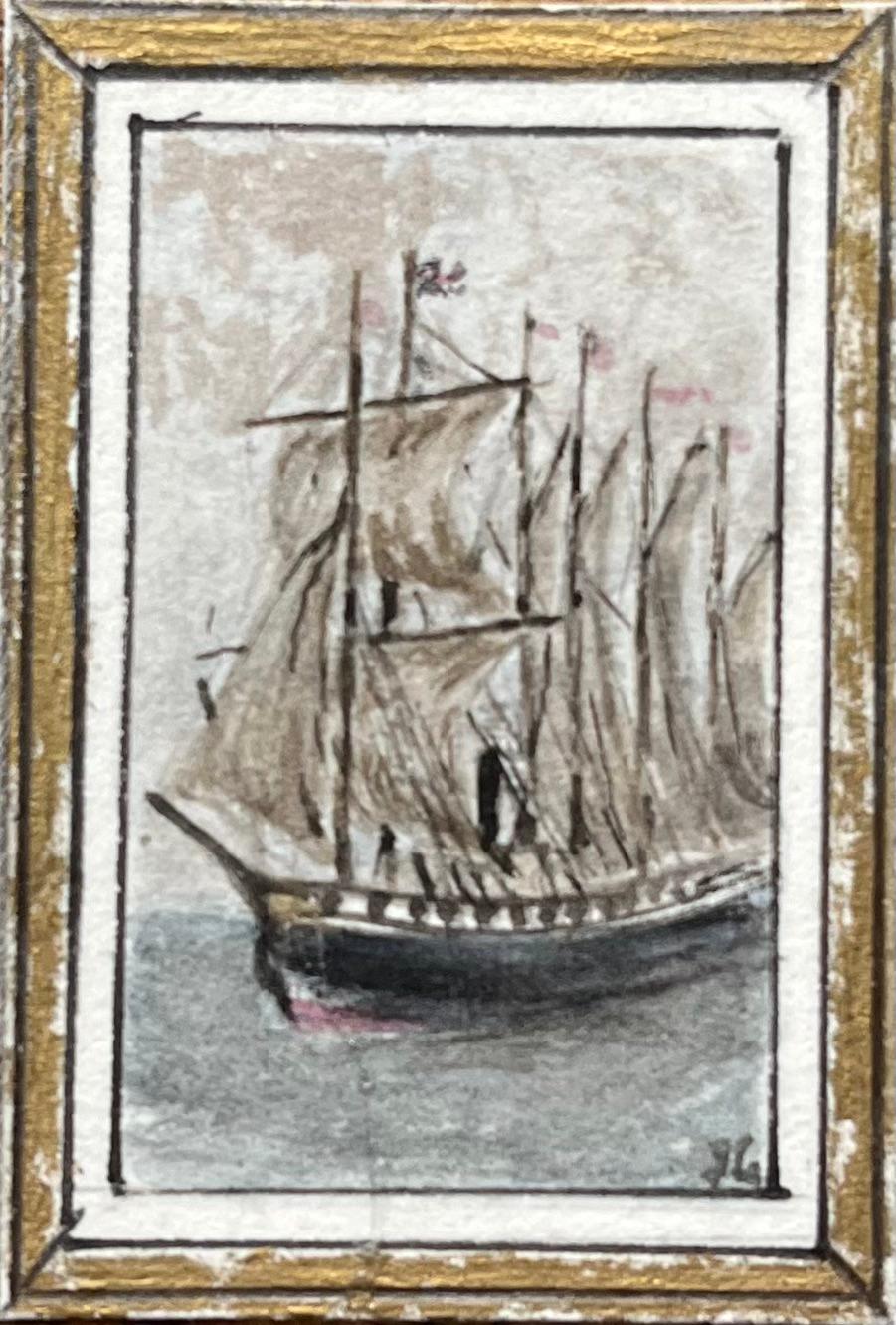 Storico trittico in miniatura acquerellato di navi a vela di Bristol - Landscape Painting Grigio di Jack Grunwell