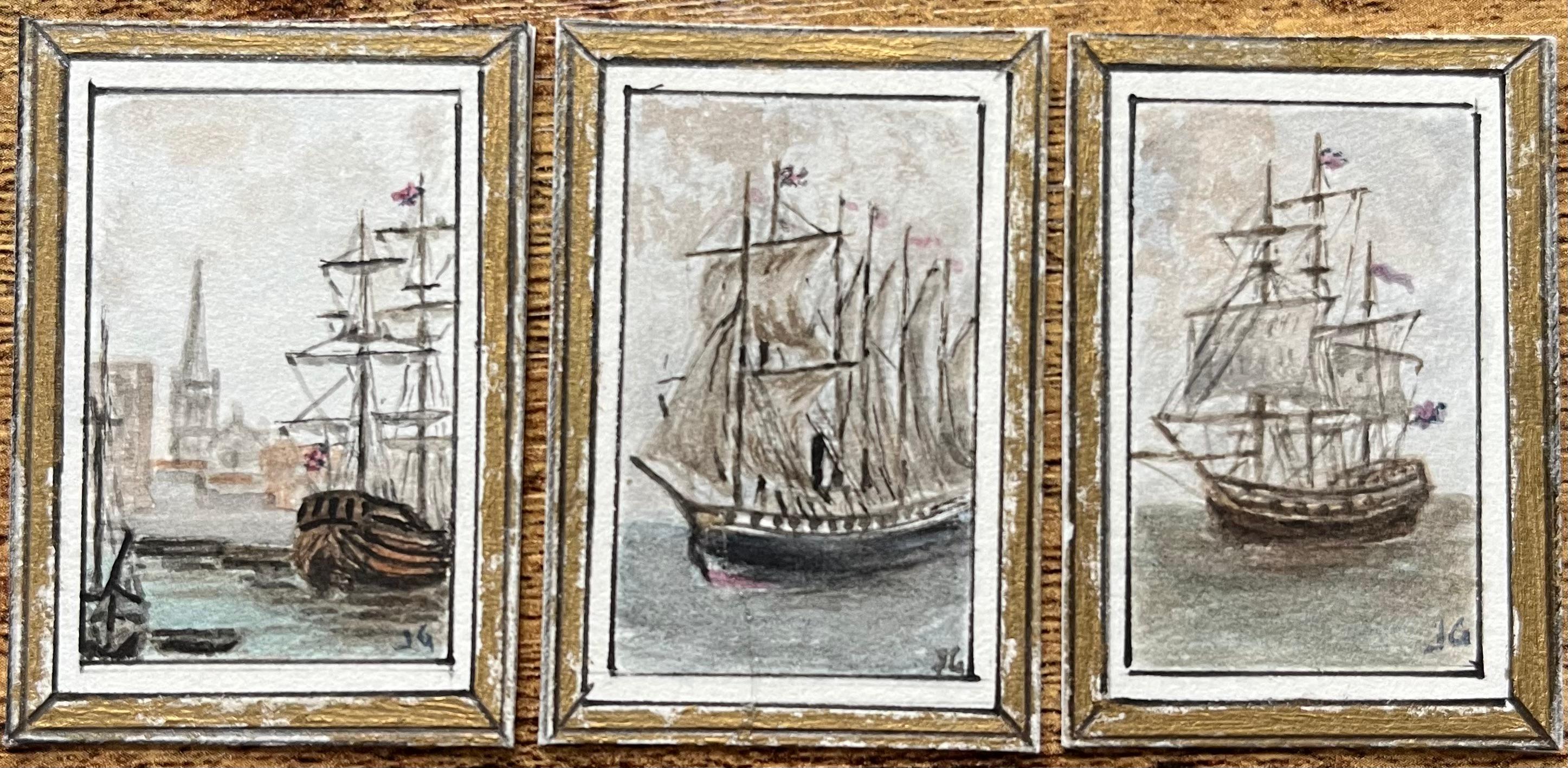 Storico trittico in miniatura acquerellato di navi a vela di Bristol - Painting di Jack Grunwell