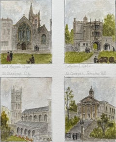 Acuarela histórica en miniatura de las iglesias y monumentos históricos de Bristol