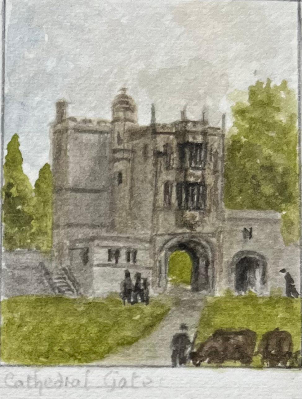 Acquerello storico in miniatura delle chiese e dei monumenti storici di Bristol - Landscape Painting Grigio di Jack Grunwell