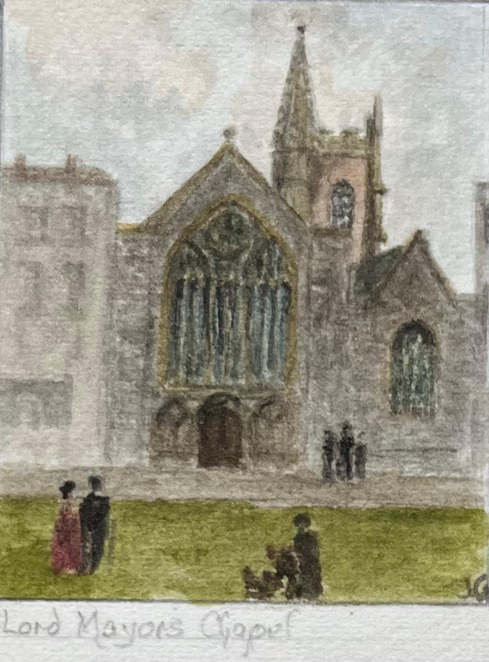 Acquerello storico in miniatura delle chiese e dei monumenti storici di Bristol - Painting Scuola inglese di Jack Grunwell