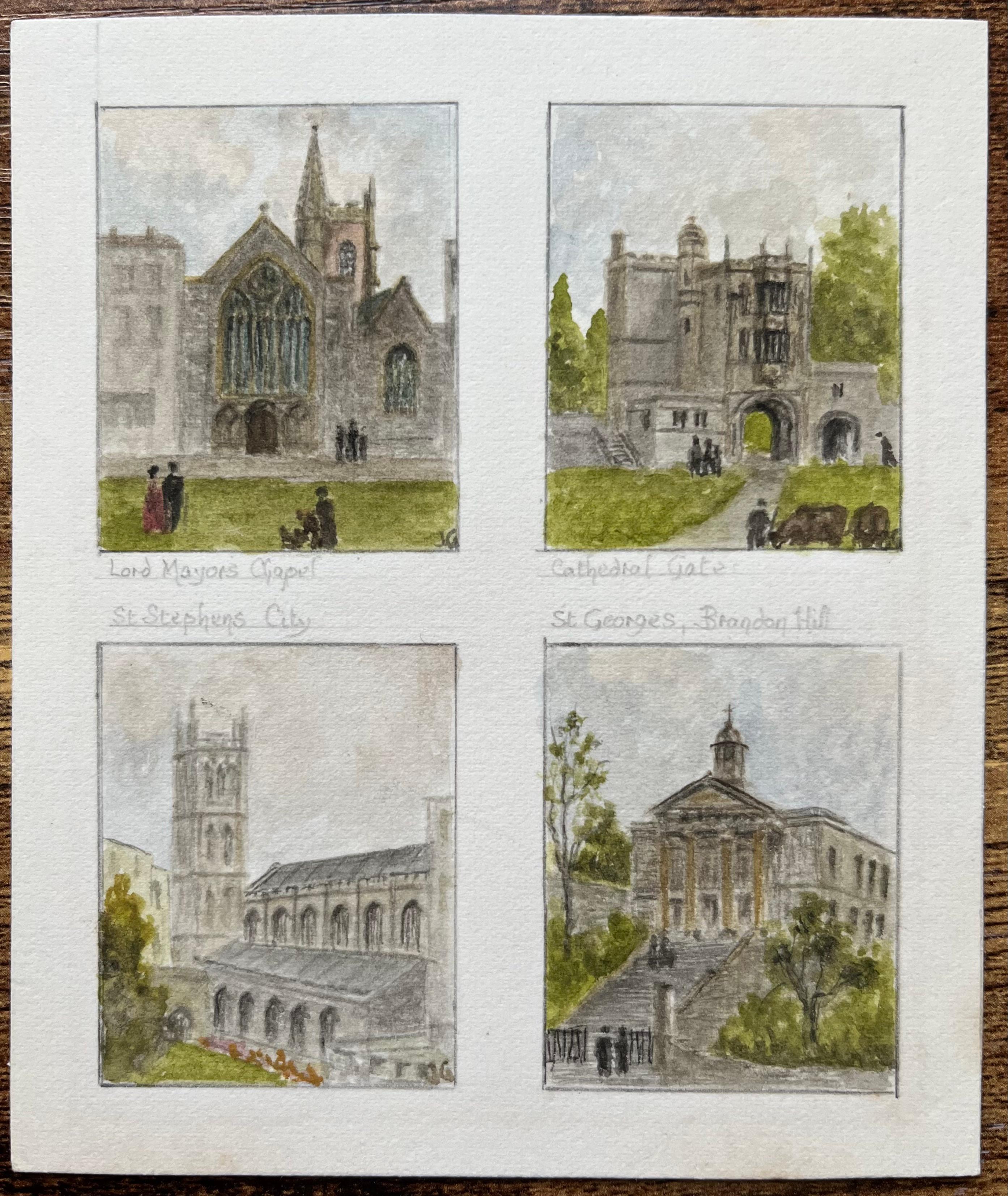 Acquerello storico in miniatura delle chiese e dei monumenti storici di Bristol - Painting di Jack Grunwell