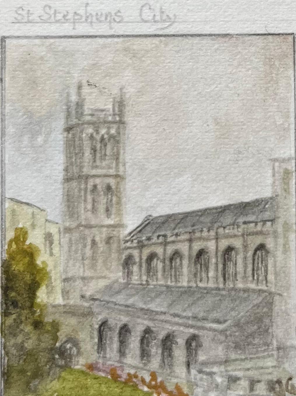 Titolo: Acquerello storico in miniatura delle chiese e dei monumenti storici di Bristol
di Jack Grunwell, artista britannico del XX secolo 
Medium: Acquerello su cartoncino sottile, senza cornice
Misure: 5,25 pollici (altezza) x 4,25 pollici