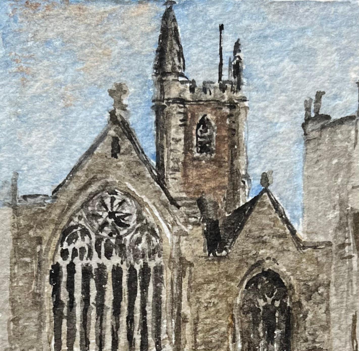 Aquarelle miniature historique de la chapelle du Lord Mayor à Bristol - Gris Landscape Art par Jack Grunwell