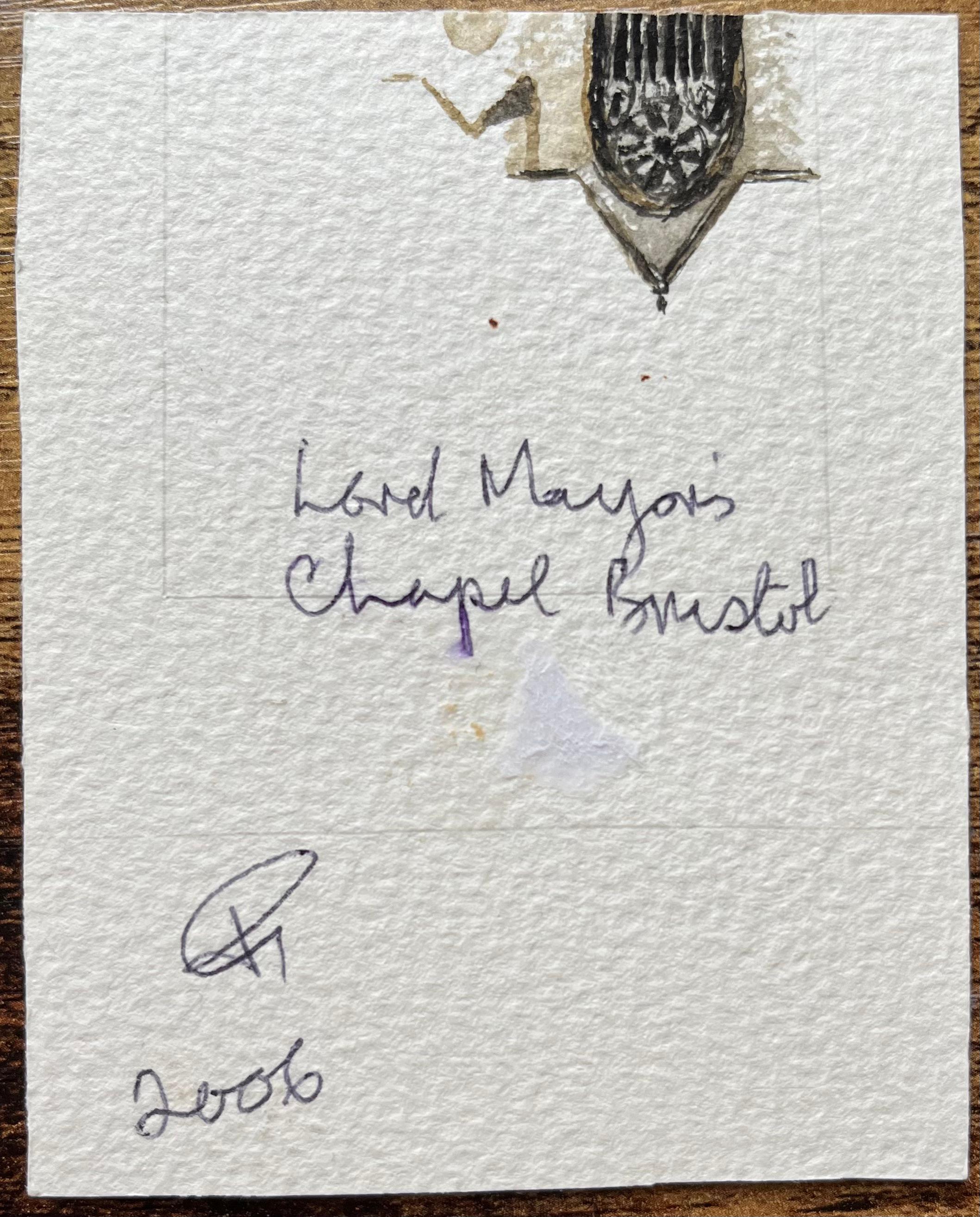 Titre : Aquarelle miniature historique de la chapelle du Lord Mayor à Bristol
par Jack Grunwell, artiste britannique du 20e siècle 
Support : Aquarelle sur carton fin, non encadrée
Dimensions : 3,75 pouces (hauteur) x 3 pouces (largeur)
Condit :