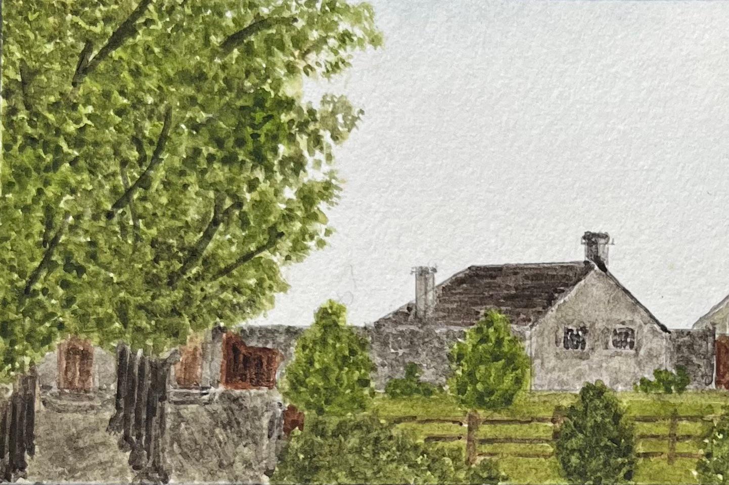 Aquarelle miniature historique de l'école de John Wesley à Kingswood - Marron Landscape Painting par Jack Grunwell