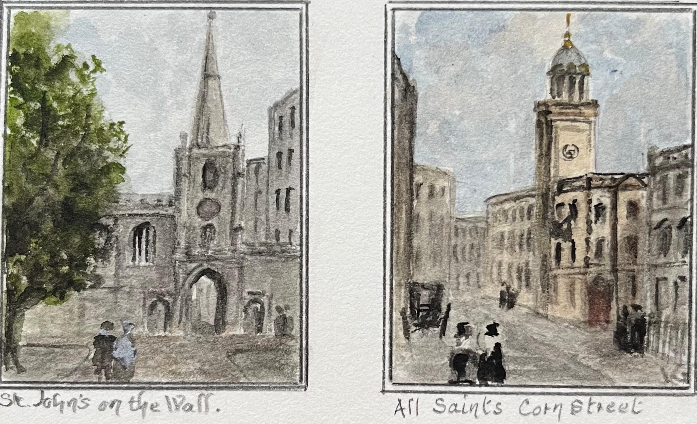 Landscape Painting Jack Grunwell - Aquarelle miniature historique de St. Johns on the Wall et de l'église de Tous les Saints