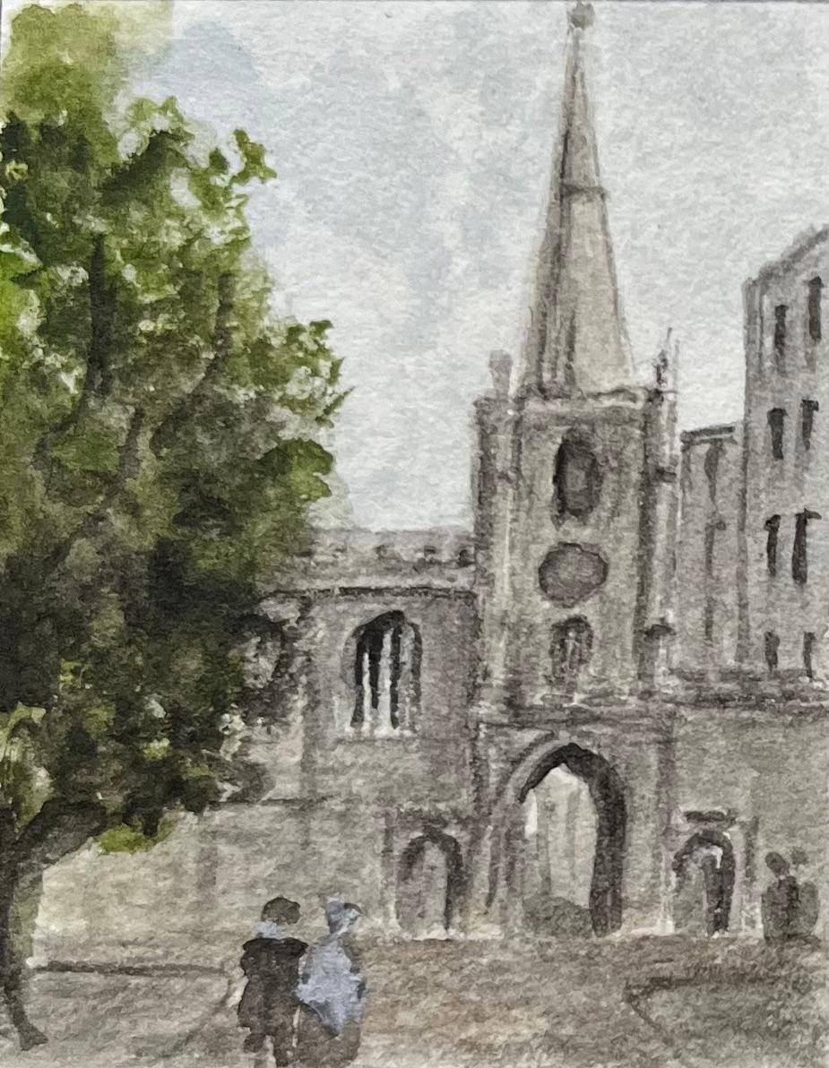 Aquarelle miniature historique de St. Johns on the Wall et de l'église de Tous les Saints - Gris Landscape Painting par Jack Grunwell