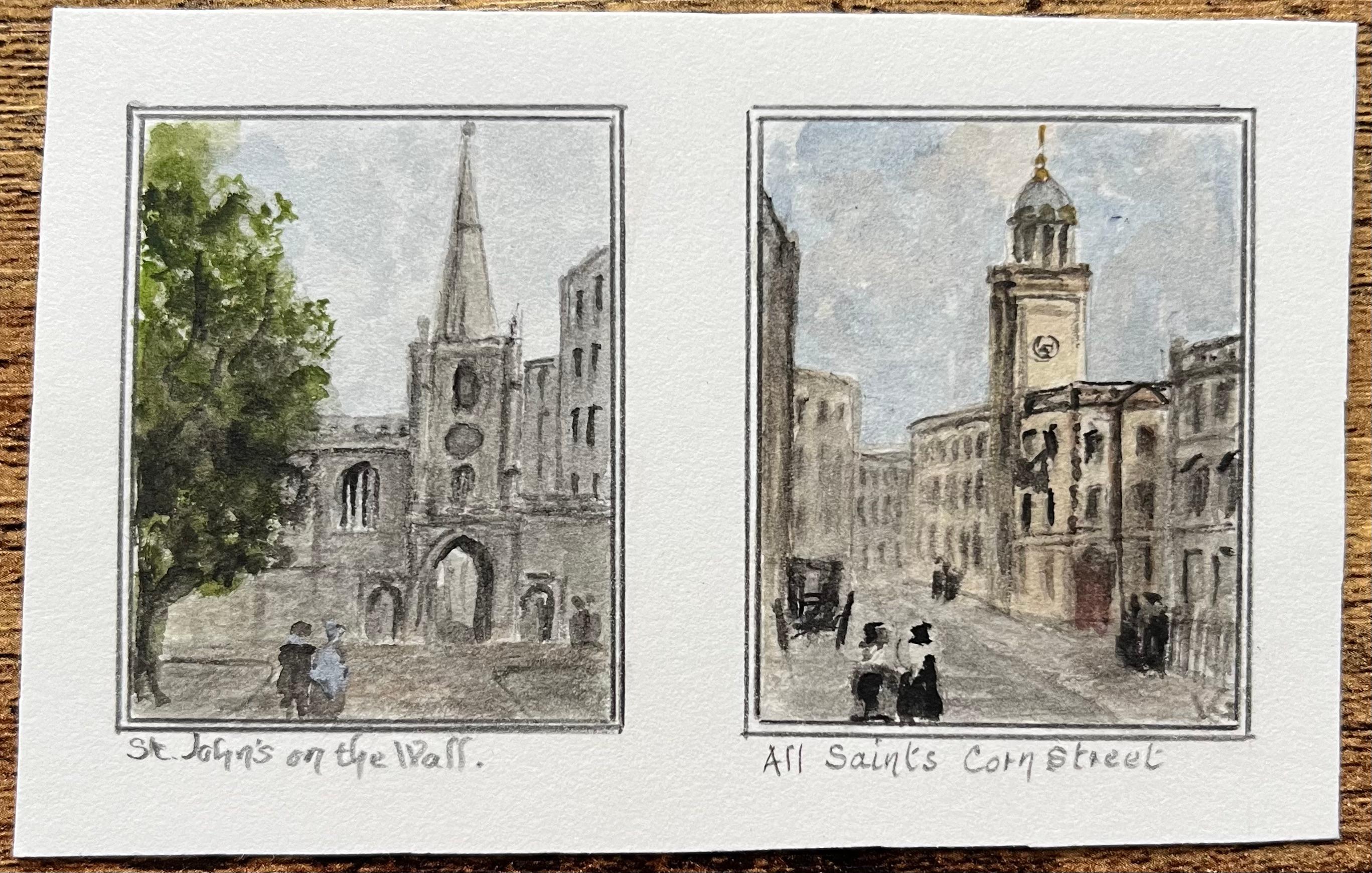 Aquarelle miniature historique de St. Johns on the Wall et de l'église de Tous les Saints - Painting de Jack Grunwell