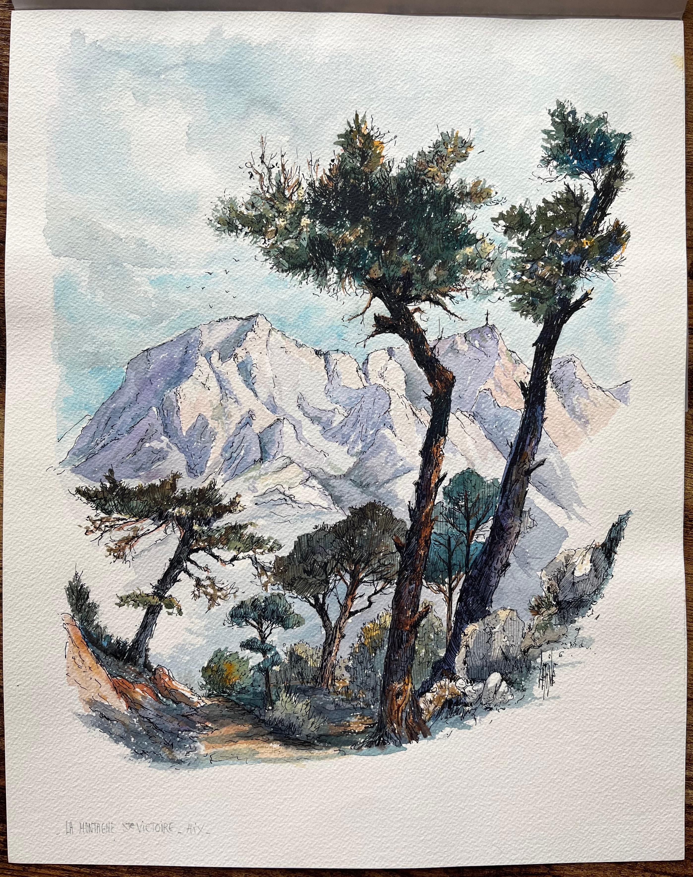 Aquarelle française de la Montagne Sainte-Victoire par Robert Lepine - Art de Robert Lepine (1929 - 2017)