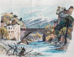 Acuarela francesa de Vaison-la-Romaine y Pont Romain