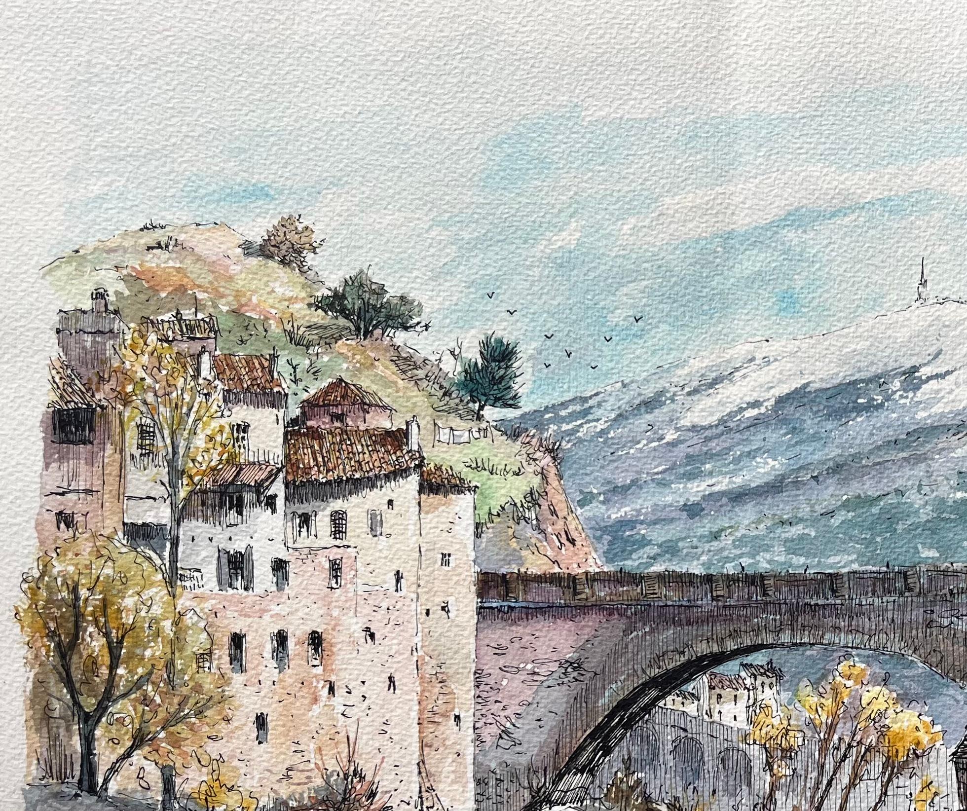 Aquarelle française de Vaison-la- Romaine et de Pont Romain - Gris Landscape Painting par Robert Lepine (1929 - 2017)