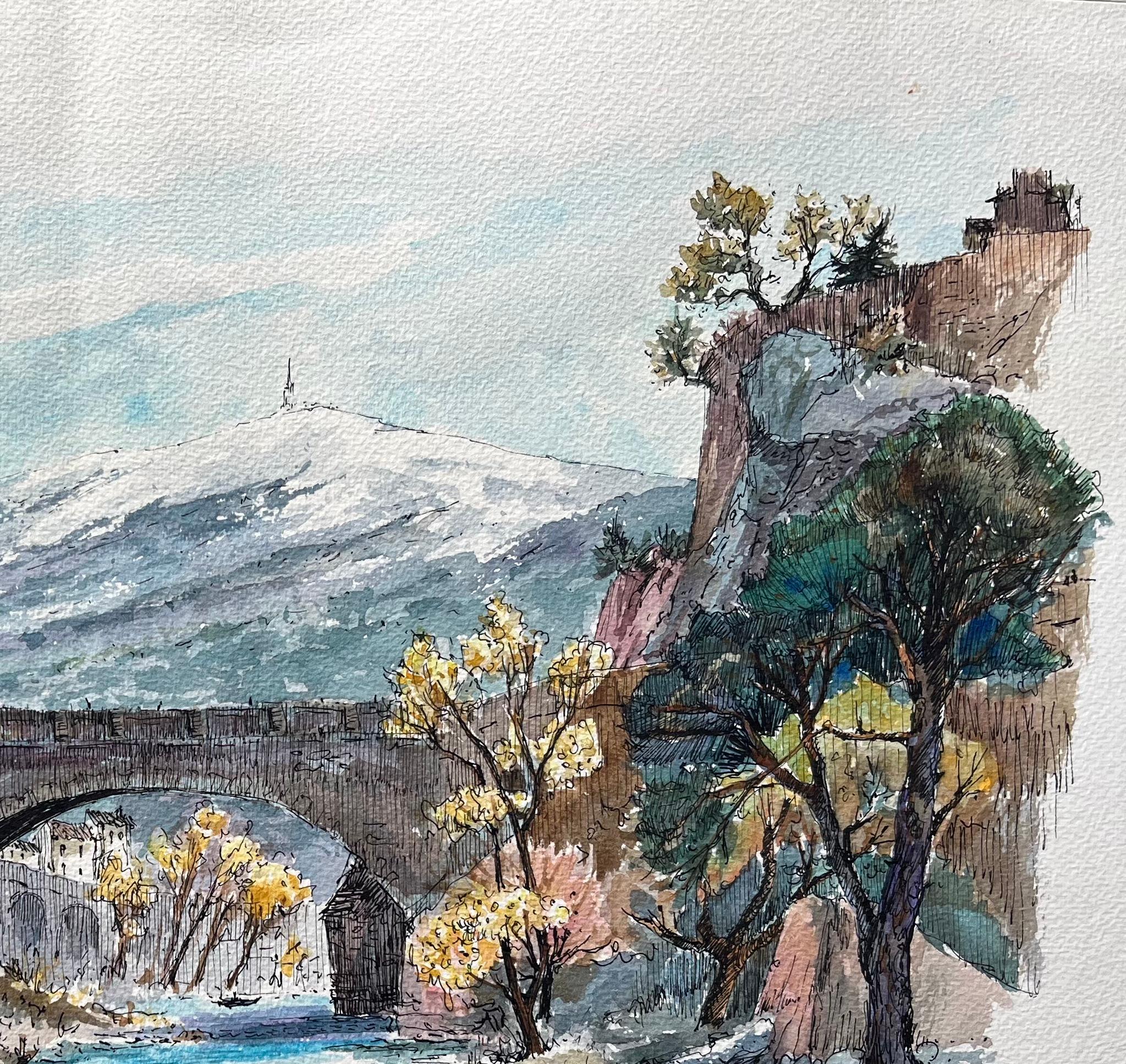Aquarelle française de Vaison-la- Romaine et de Pont Romain - École française Painting par Robert Lepine (1929 - 2017)