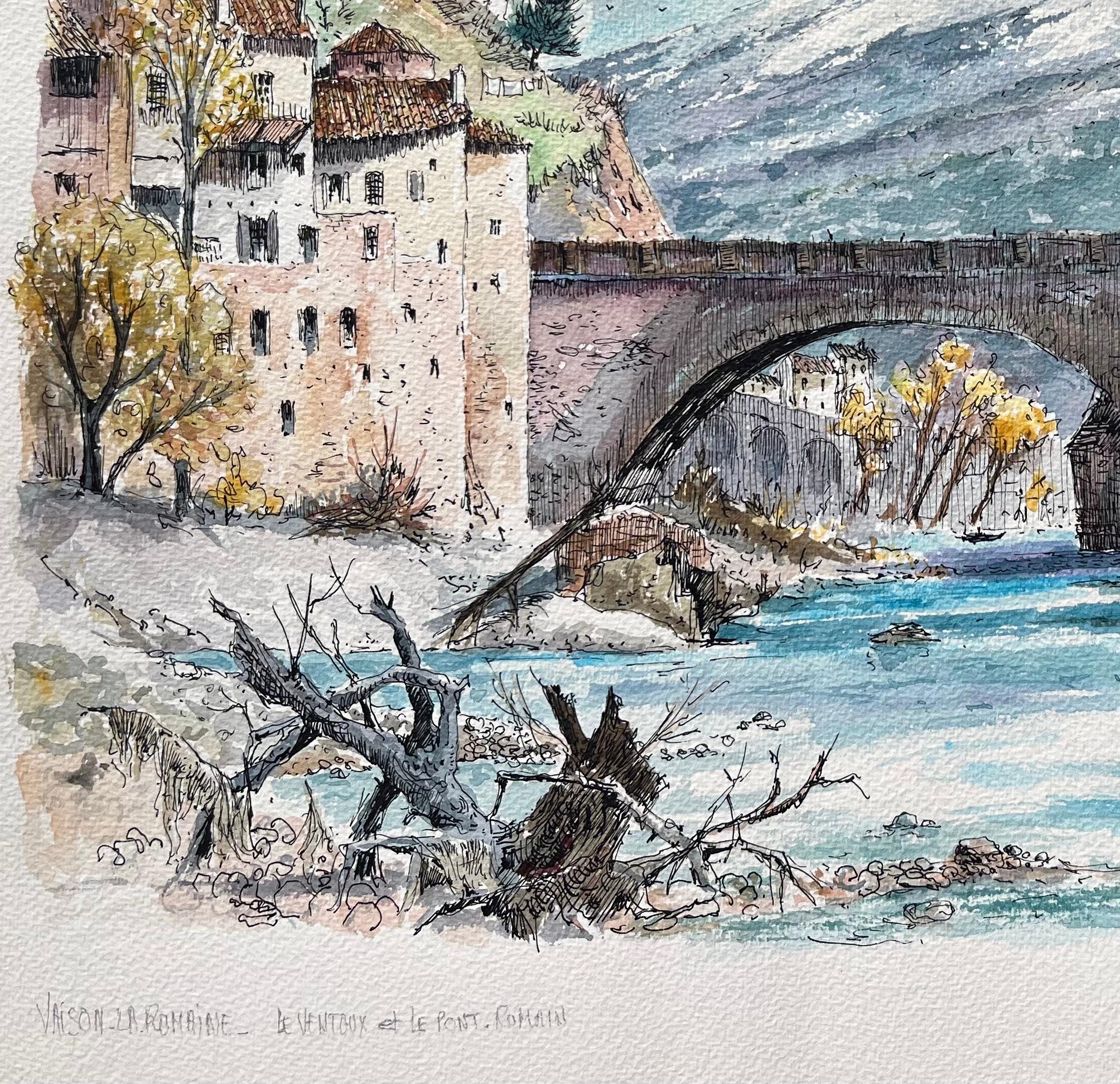 Aquarelle française de Vaison-la- Romaine et de Pont Romain en vente 1