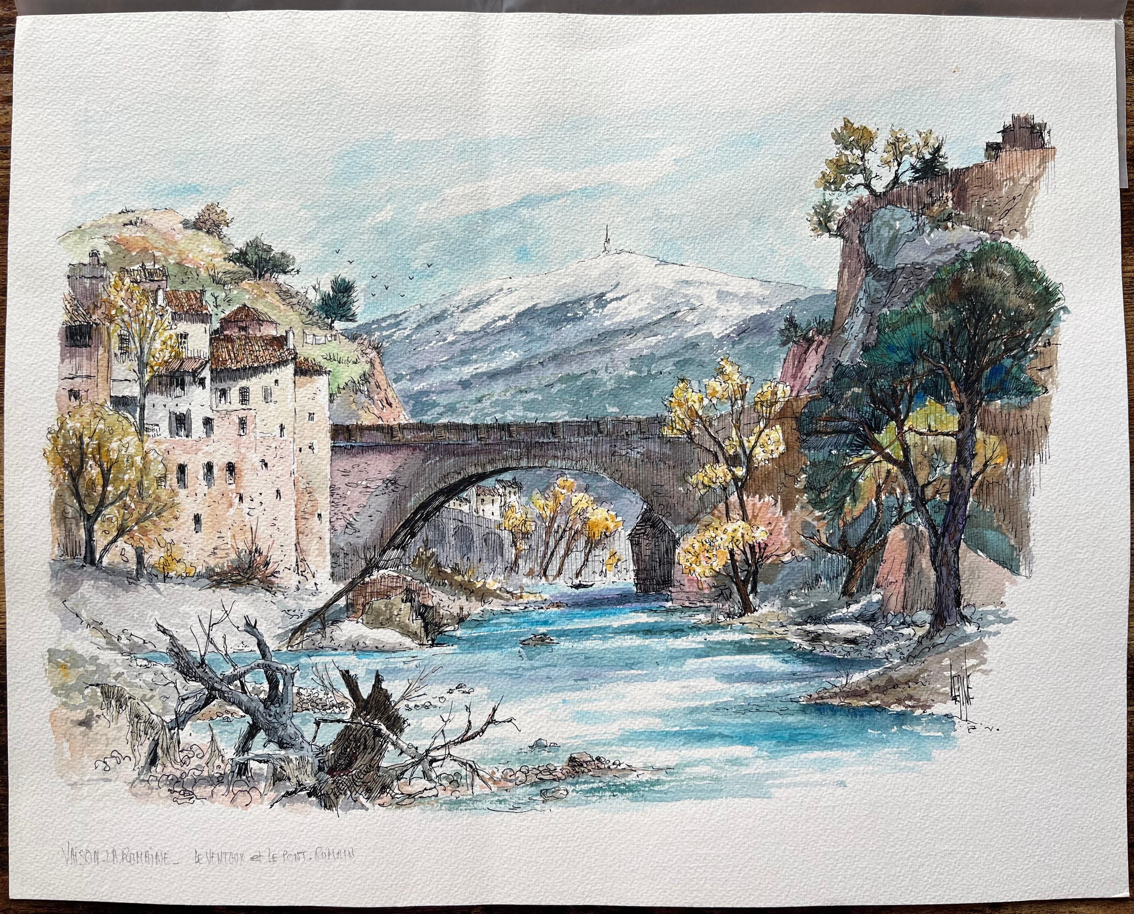 Aquarelle française de Vaison-la- Romaine et de Pont Romain - Painting de Robert Lepine (1929 - 2017)