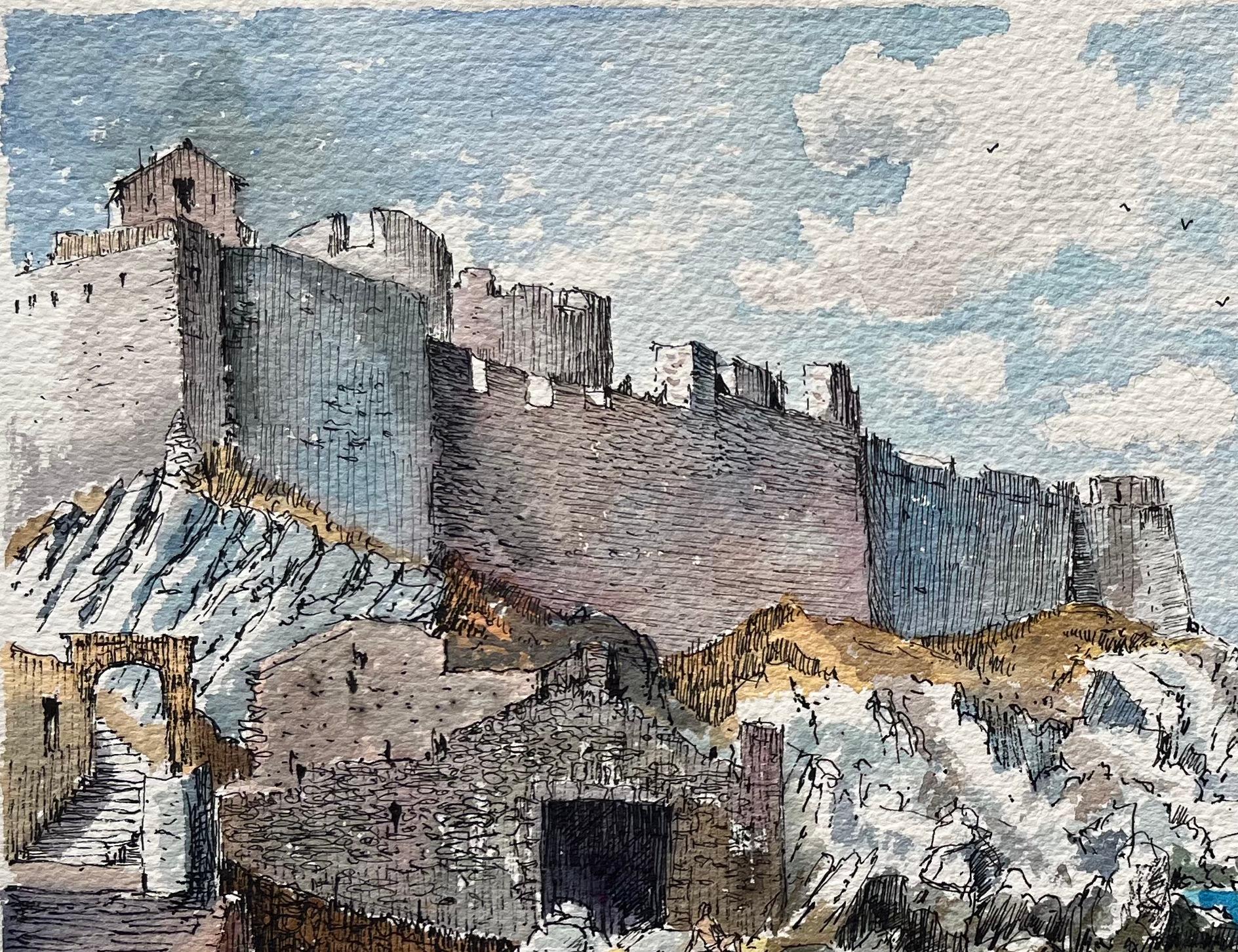 Aquarelle française du Château d'If Aquarelle de Marseille avec la forteresse historique - Gris Landscape Art par Robert Lepine (1929 - 2017)