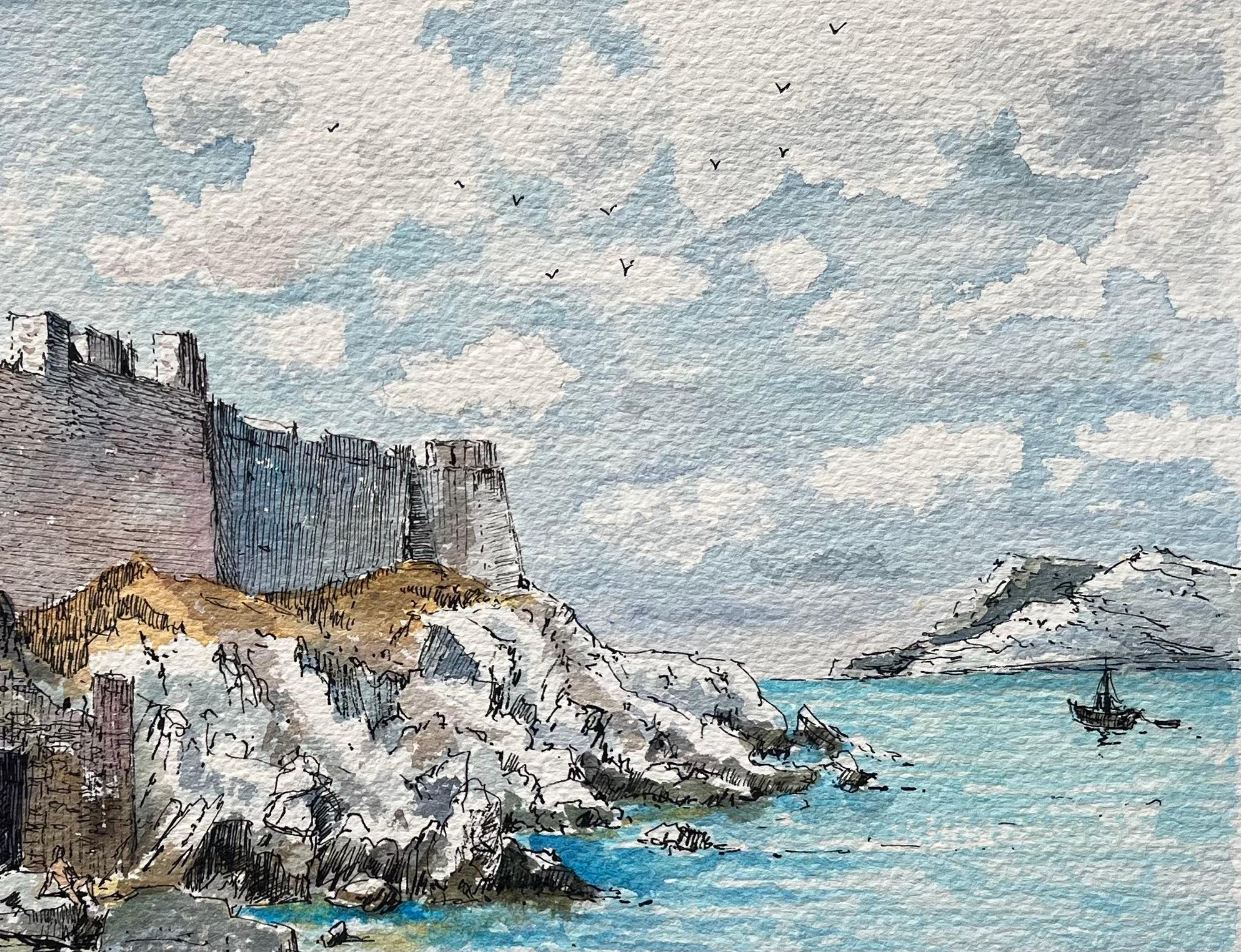 Aquarelle française du Château d'If Aquarelle de Marseille avec la forteresse historique - École française Art par Robert Lepine (1929 - 2017)